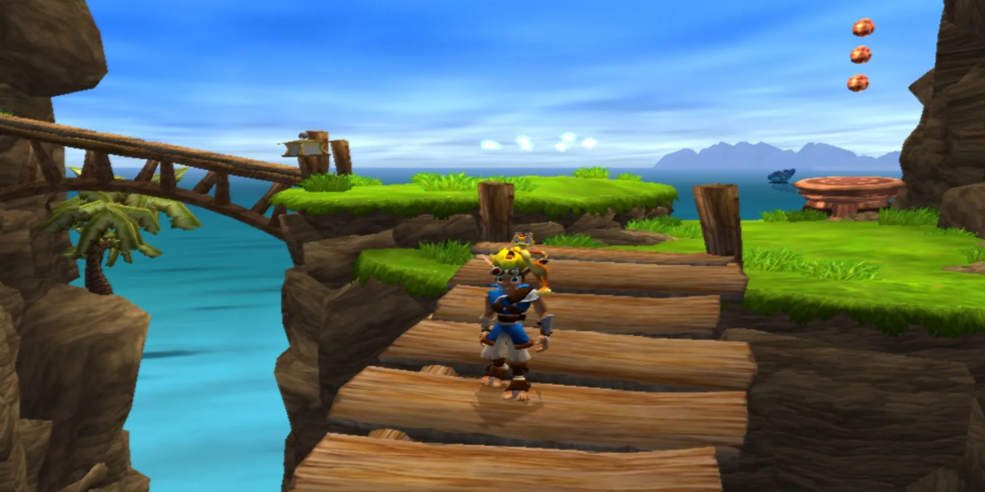 Jak và Daxter trong một khung cảnh quen thuộc của màn chơi đầu tiên trên PS2