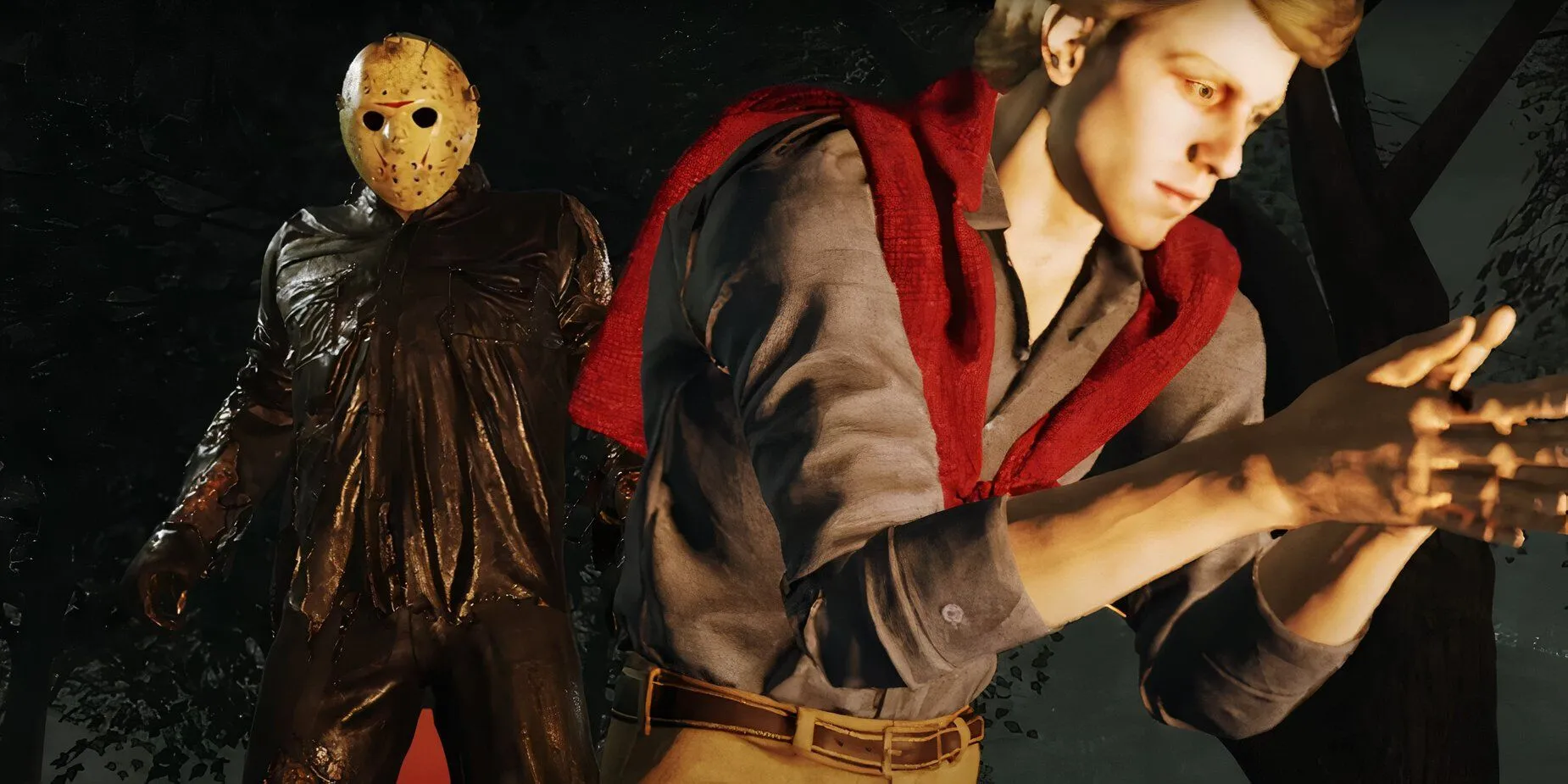 Jason Voorhees từ game Friday the 13th The Game đứng giữa khung cảnh rừng tăm tối