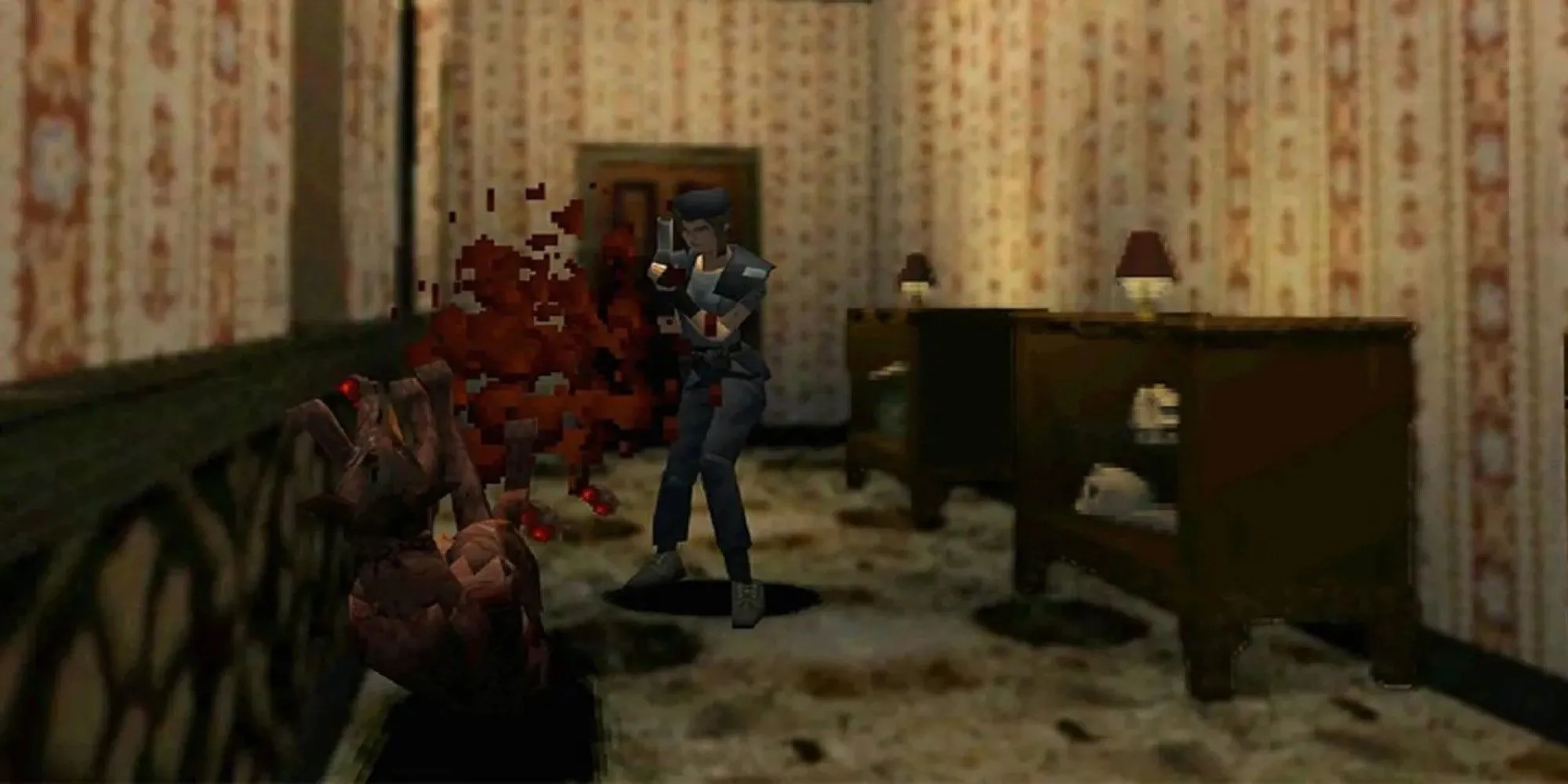 Jill Valentine chiến đấu với zombie trong dinh thự Spencer của Resident Evil: Director's Cut