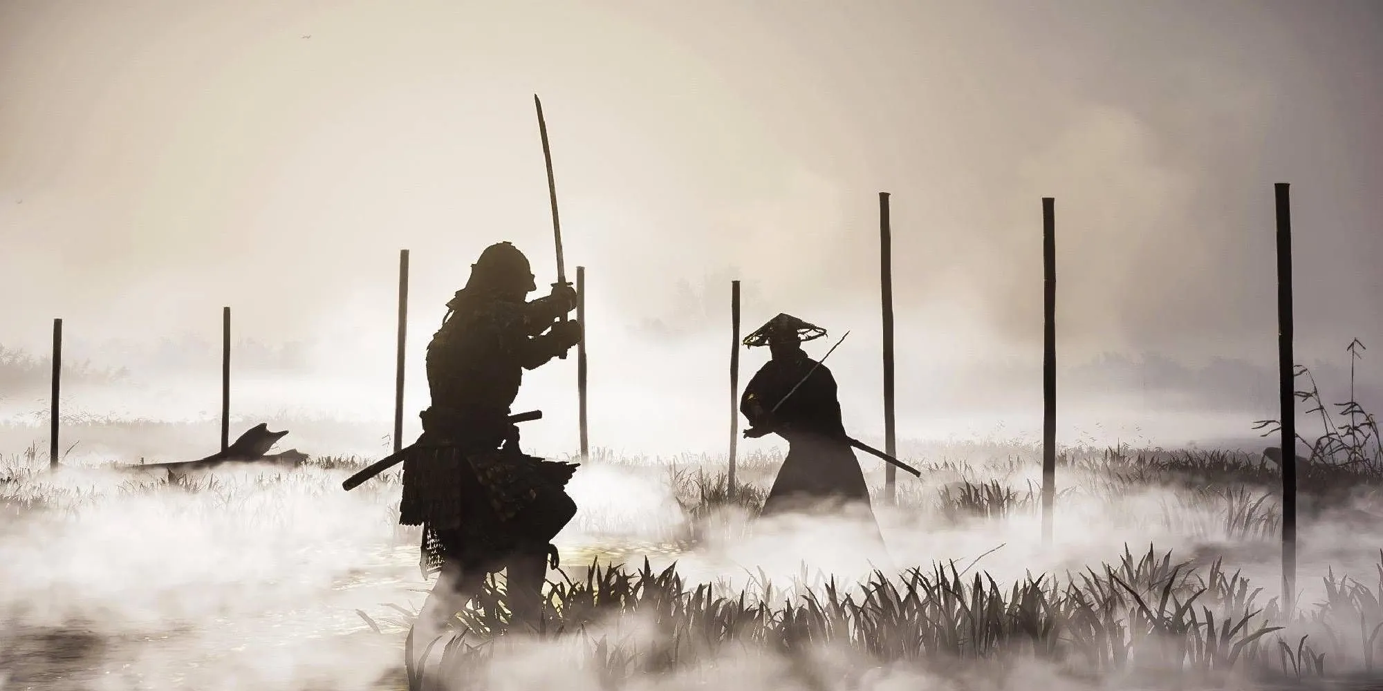 Jin Sakai trong trận quyết đấu kiếm thuật căng thẳng giữa khung cảnh ma mị của Ghost of Tsushima
