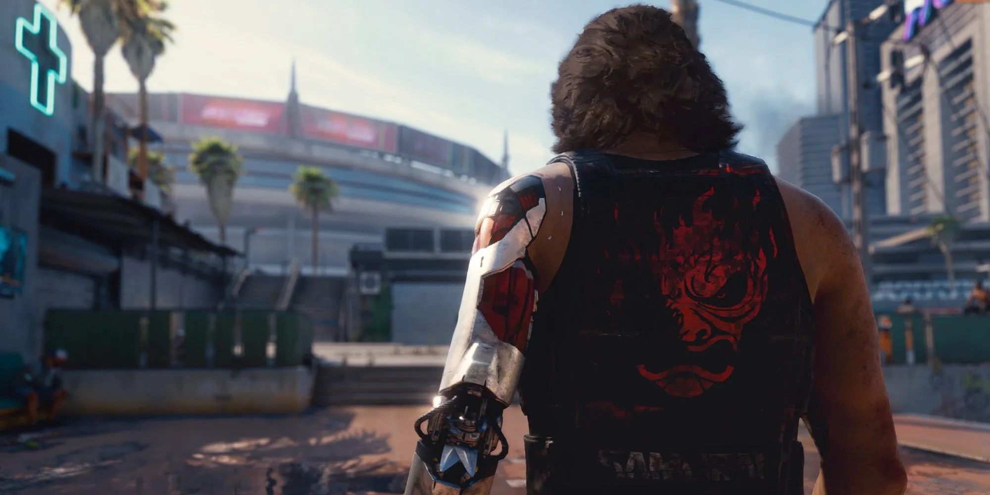 Johnny Silverhand, nhân vật Cyberpunk 2077, sải bước trên con phố tương lai của Night City