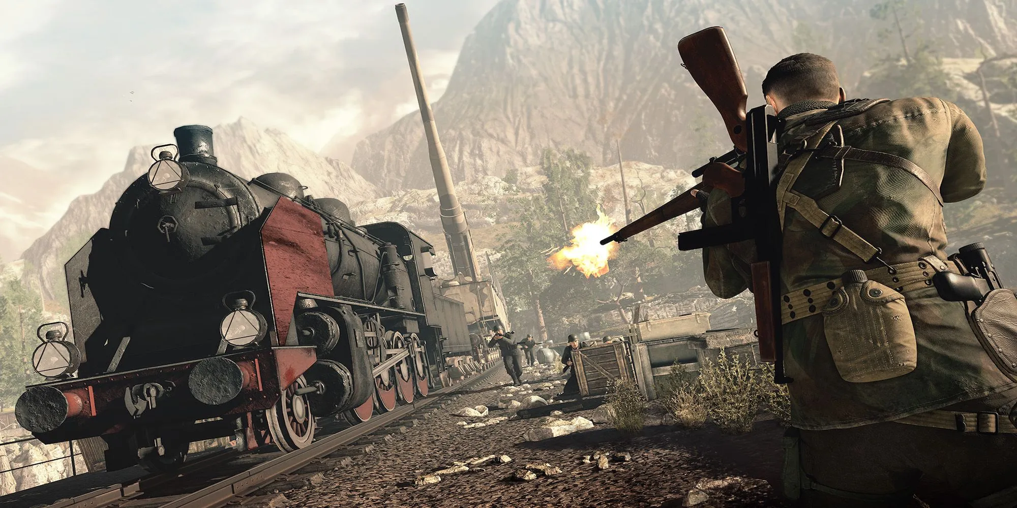 Karl Fairburne đang ngắm bắn kẻ thù từ xa trong một nhiệm vụ của Sniper Elite 4 với bối cảnh nước Ý thời Thế chiến 2