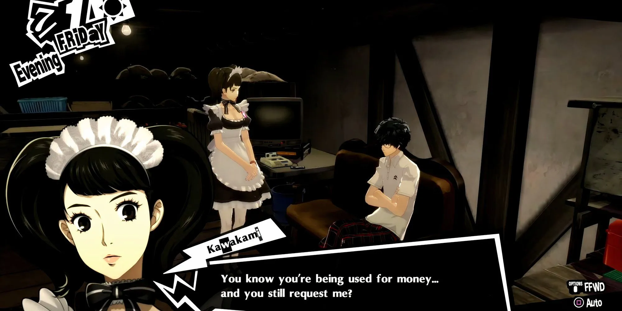 Kawakami nói chuyện với Joker tại quán cà phê Leblanc trong Persona 5 Royal