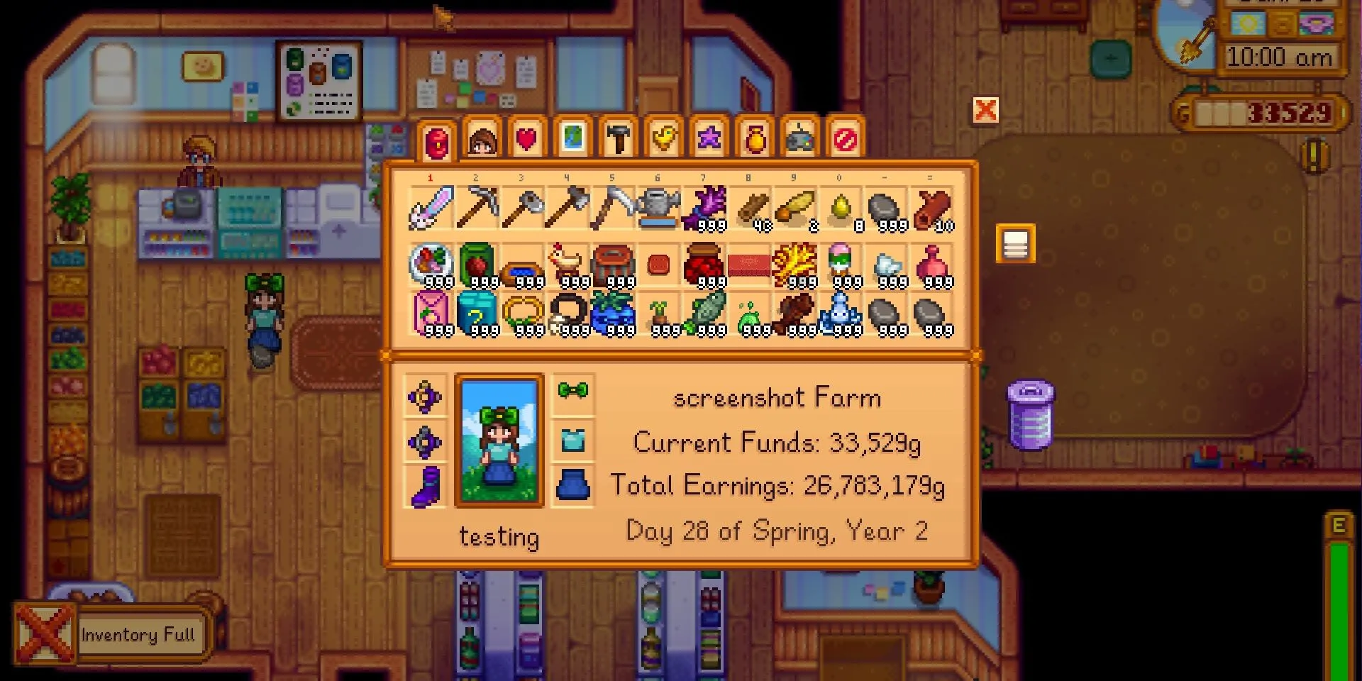 Kho đồ đầy ắp vật phẩm trong Stardew Valley sau khi nâng cấp balo