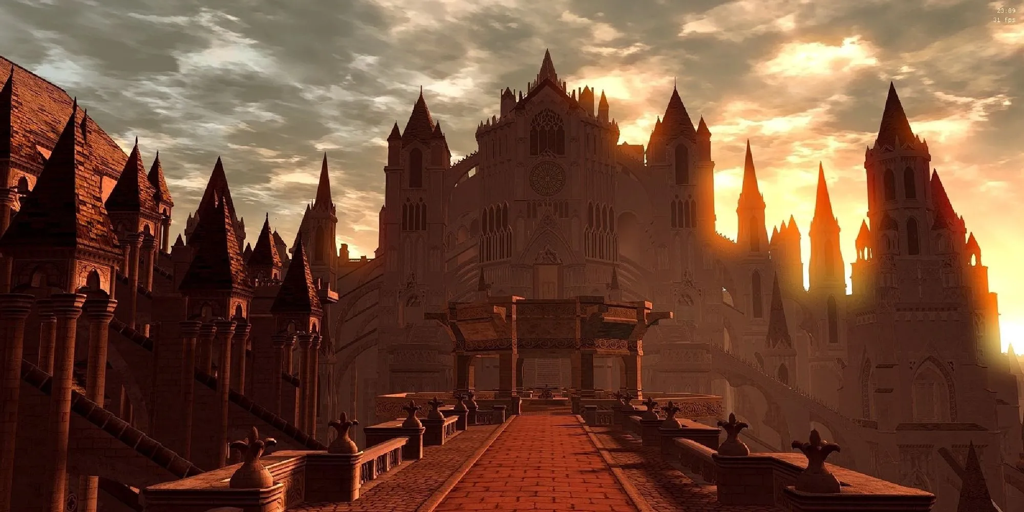 Khung cảnh Anor Londo tráng lệ trong Dark Souls dưới ánh hoàng hôn vàng rực