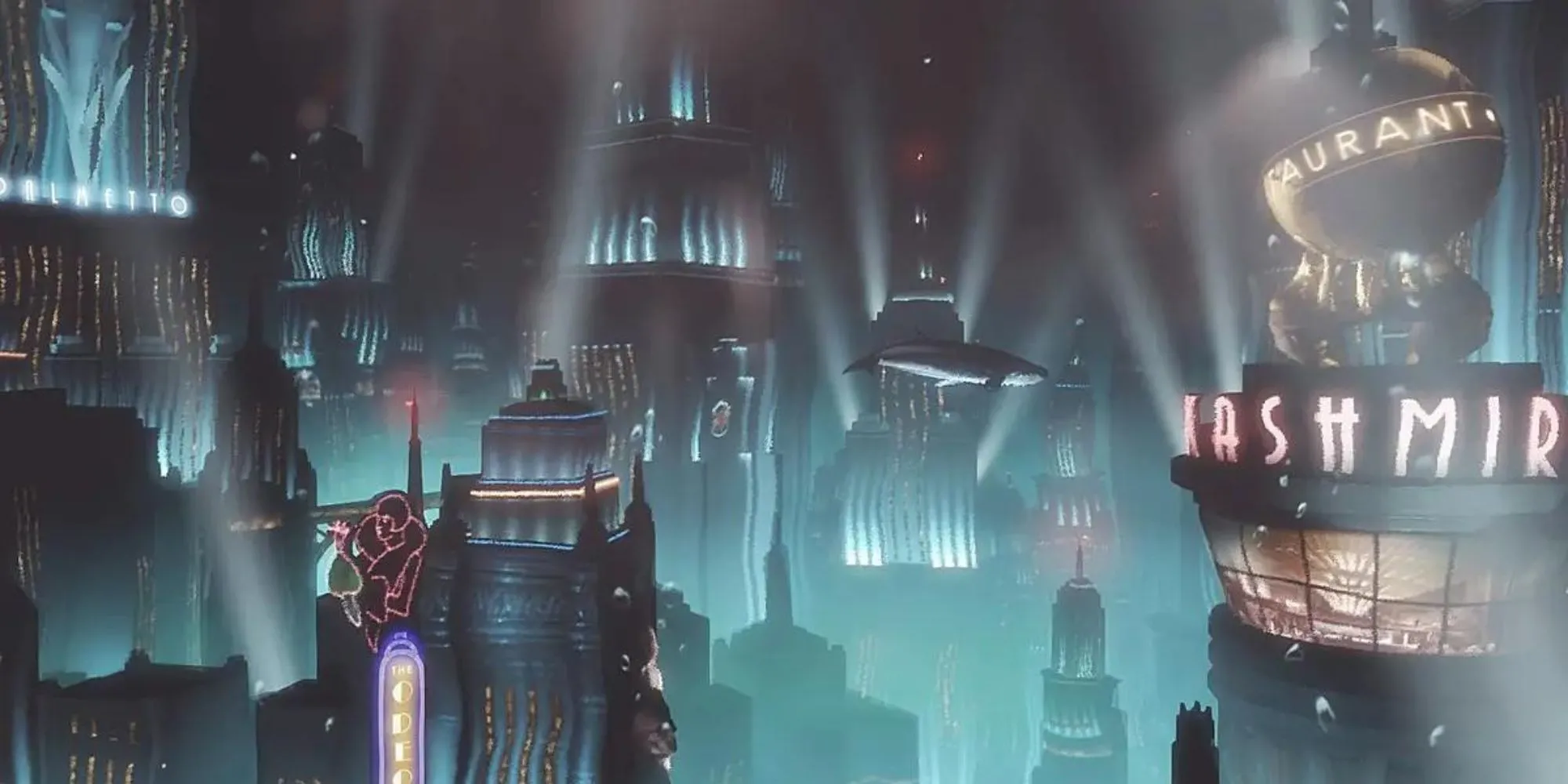 Khung cảnh hùng vĩ của thành phố dưới nước Rapture trong BioShock với những tòa nhà chọc trời và ánh đèn mờ ảo