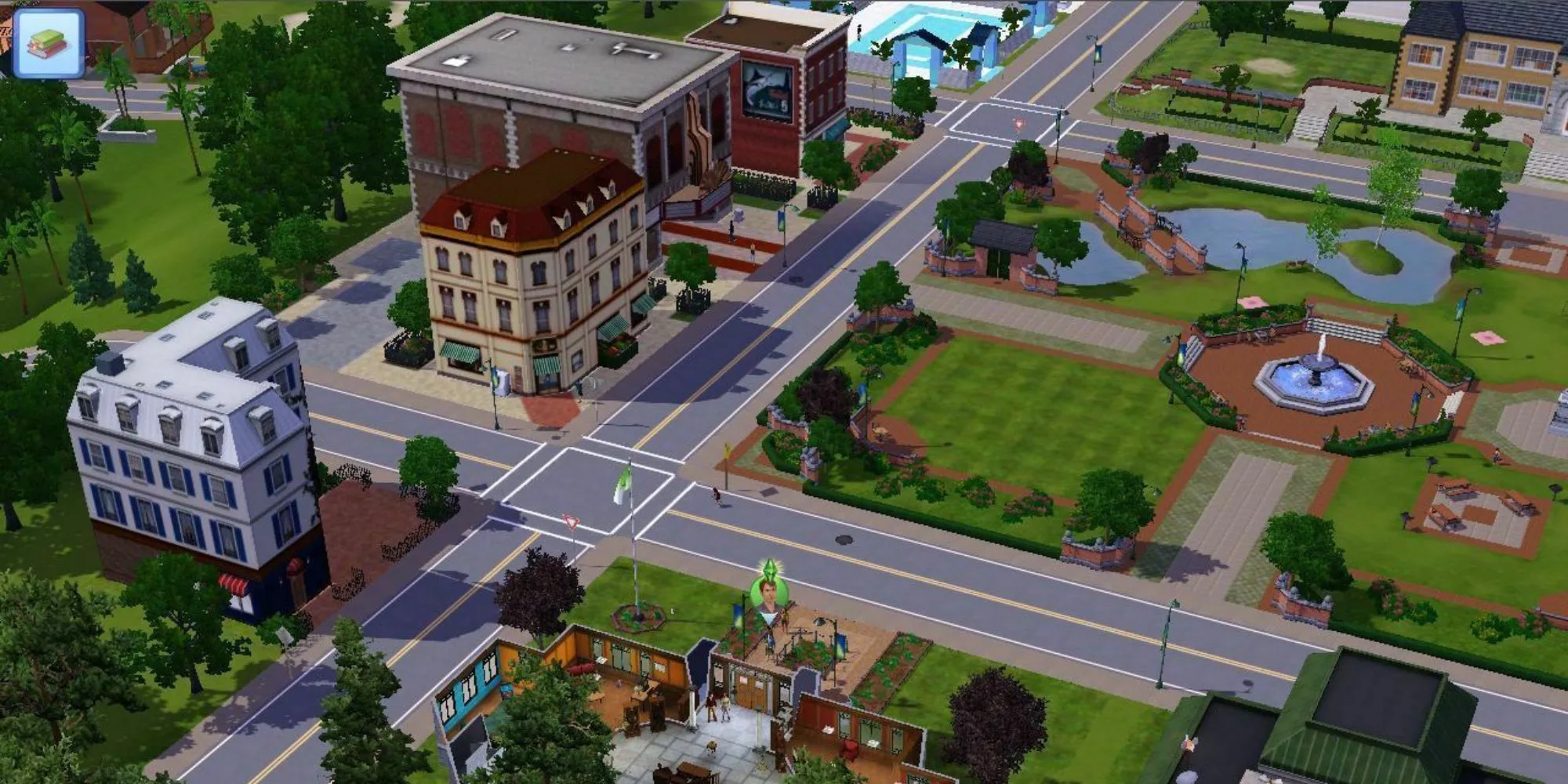Khung cảnh một thị trấn trong The Sims 3 với nhân vật người chơi được làm nổi bật ở gần giữa phía dưới. Có nhiều tòa nhà, công viên, đài phun nước, cây cầu bắc qua ao và nhiều con đường.