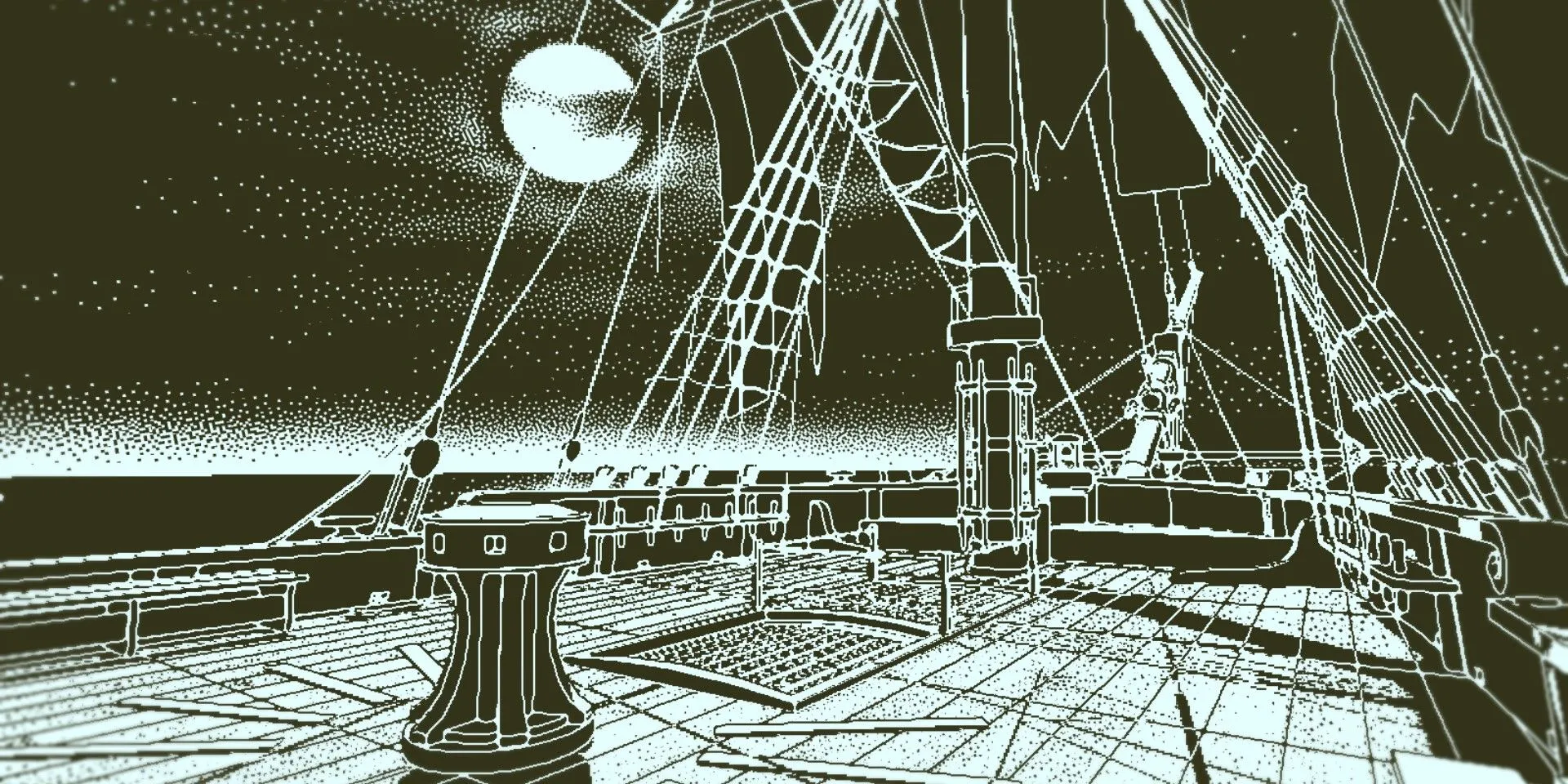 Khung cảnh trên boong tàu Obra Dinn trong Return of the Obra Dinn, nơi người chơi tiến hành điều tra.