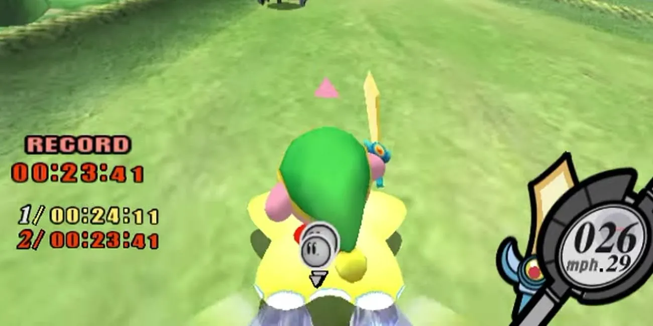 Kirby cưỡi chiếc xe Warpstar trong màn chơi Fantasy Meadows đầy màu sắc của game Kirby Air Ride