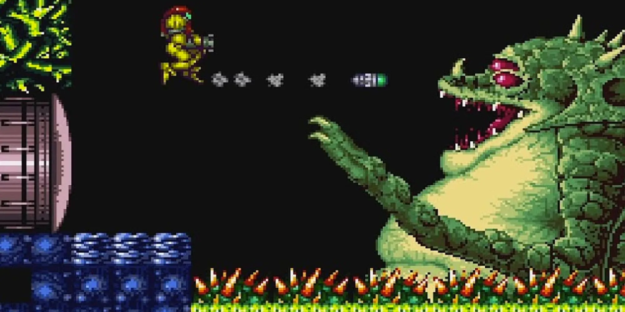 Kraid trùm khổng lồ trong Super Metroid với kích thước choáng ngợp và nhiều loại đạn