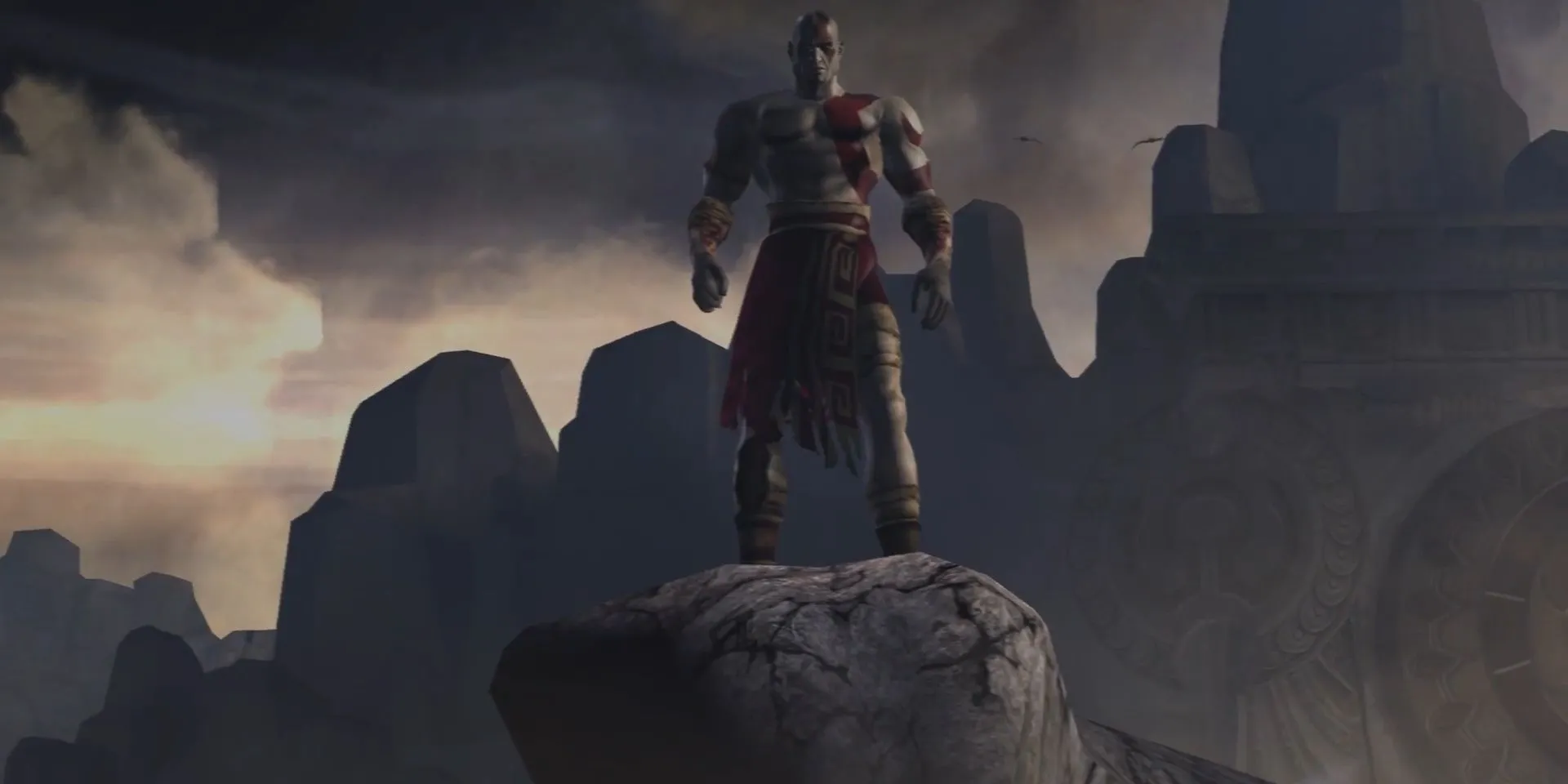 Kratos đứng trên một vách đá cao nhìn xuống biển Aegean trong God of War 2005