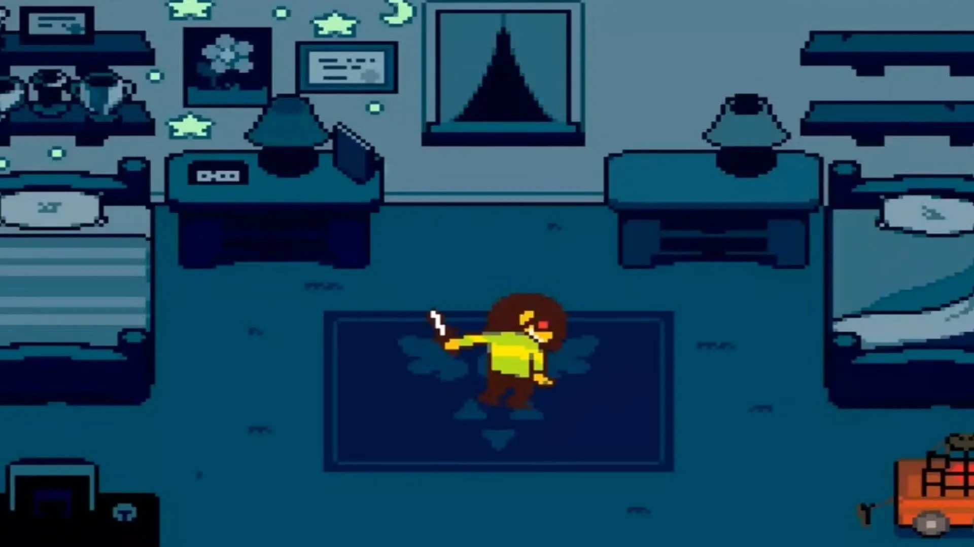 Kris đứng trong bóng tối ở cuối Deltarune Chapter 1, tay cầm một vật thể lạ, liên quan đến những bí ẩn như Shadow Crystals.