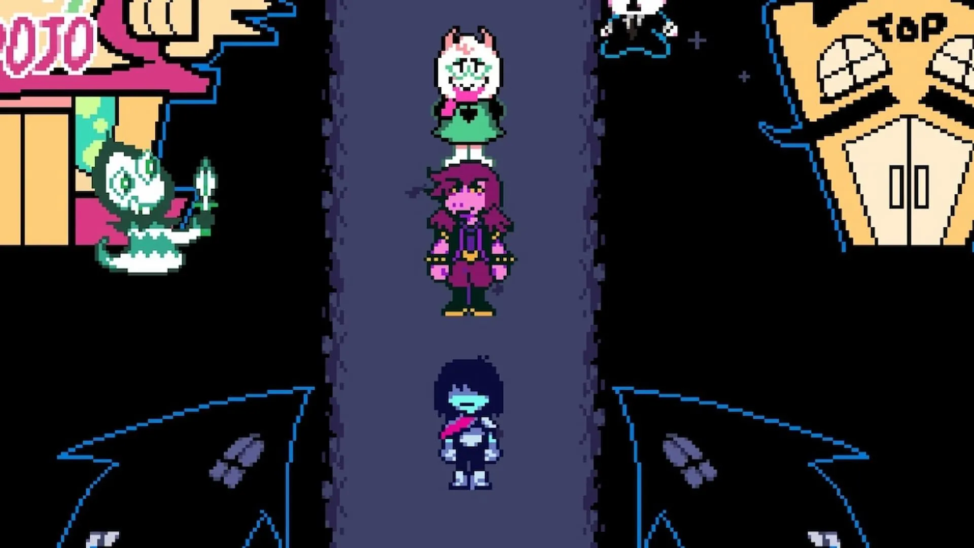 Kris, Ralsei và Susie đứng cùng nhau tại thị trấn trong Deltarune, hé lộ những mối quan hệ và quá khứ phức tạp của các nhân vật.