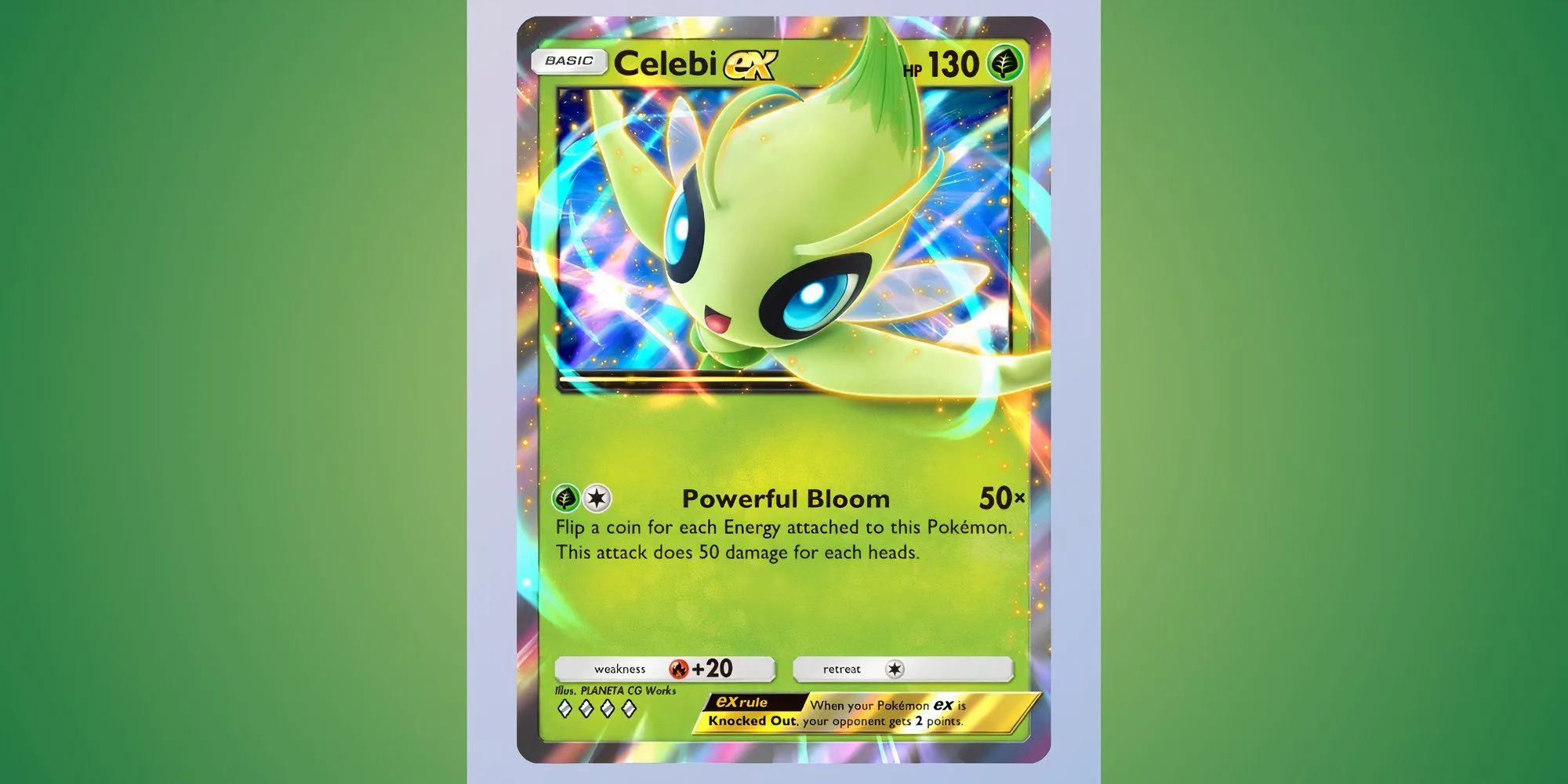 Lá bài Celebi EX hệ Cỏ trong Pokemon TCG Pocket với chiêu Powerful Bloom