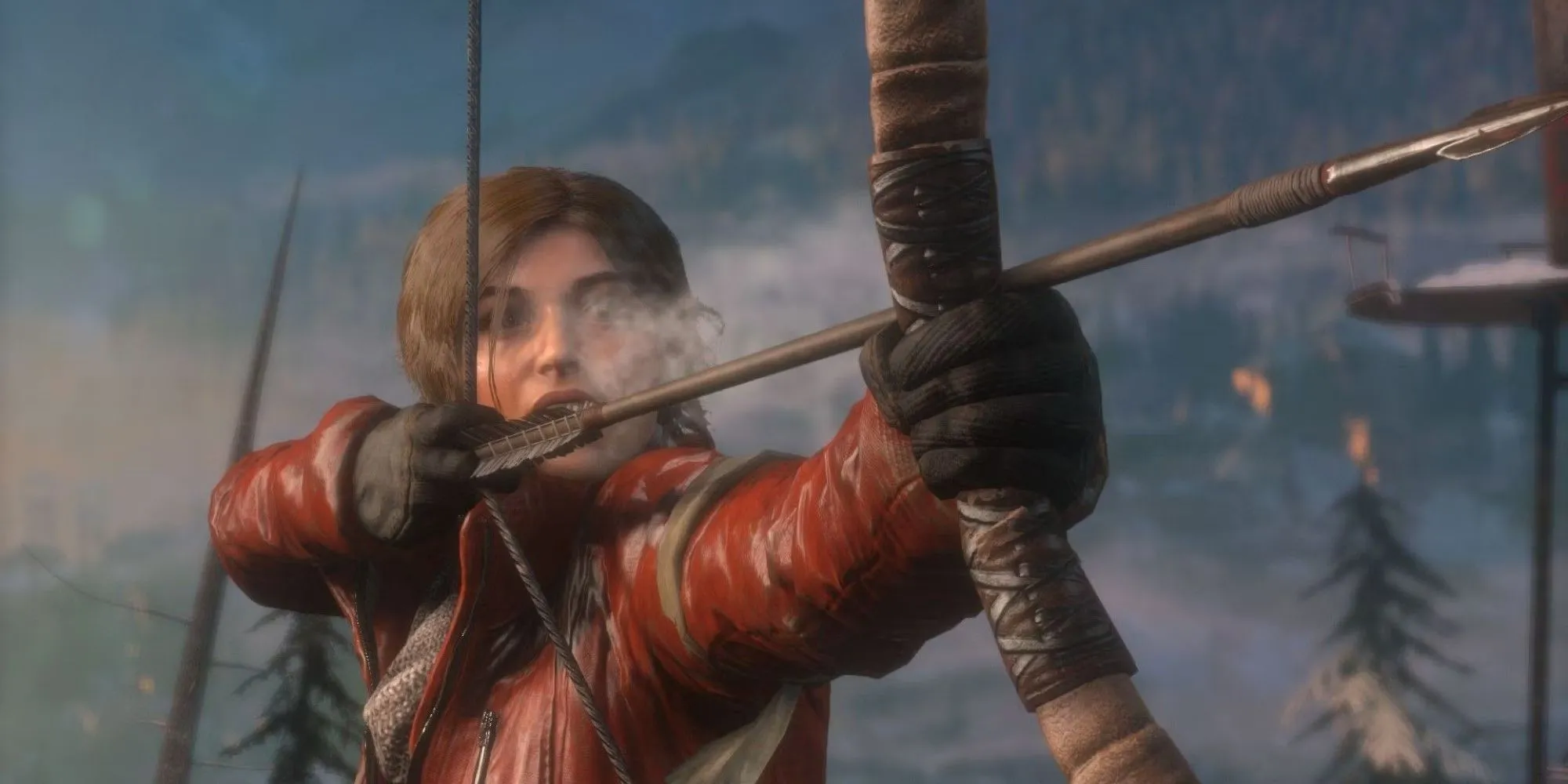 Lara Croft, nữ chính biểu tượng, sử dụng cung trong game open world Rise of the Tomb Raider