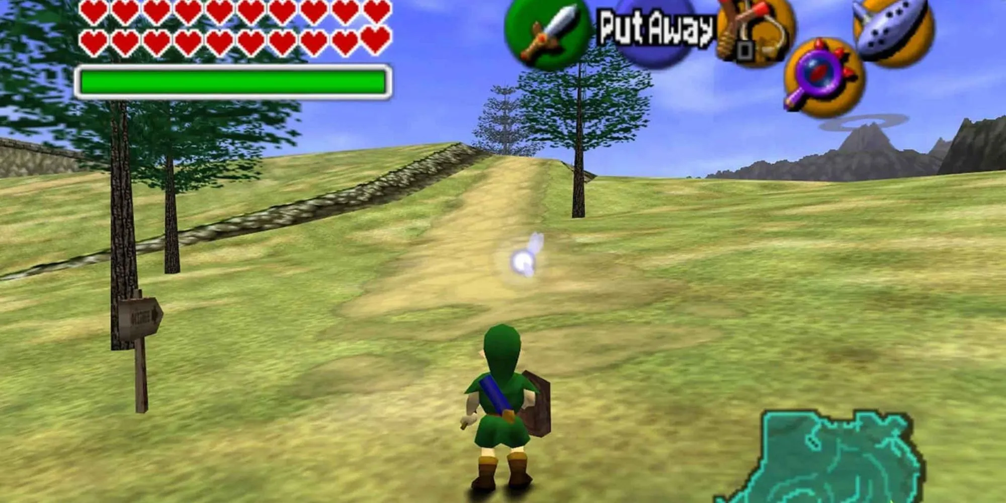 Link cưỡi ngựa khám phá vùng đất Hyrule rộng lớn trong The Legend of Zelda Ocarina of Time với đồ họa N64