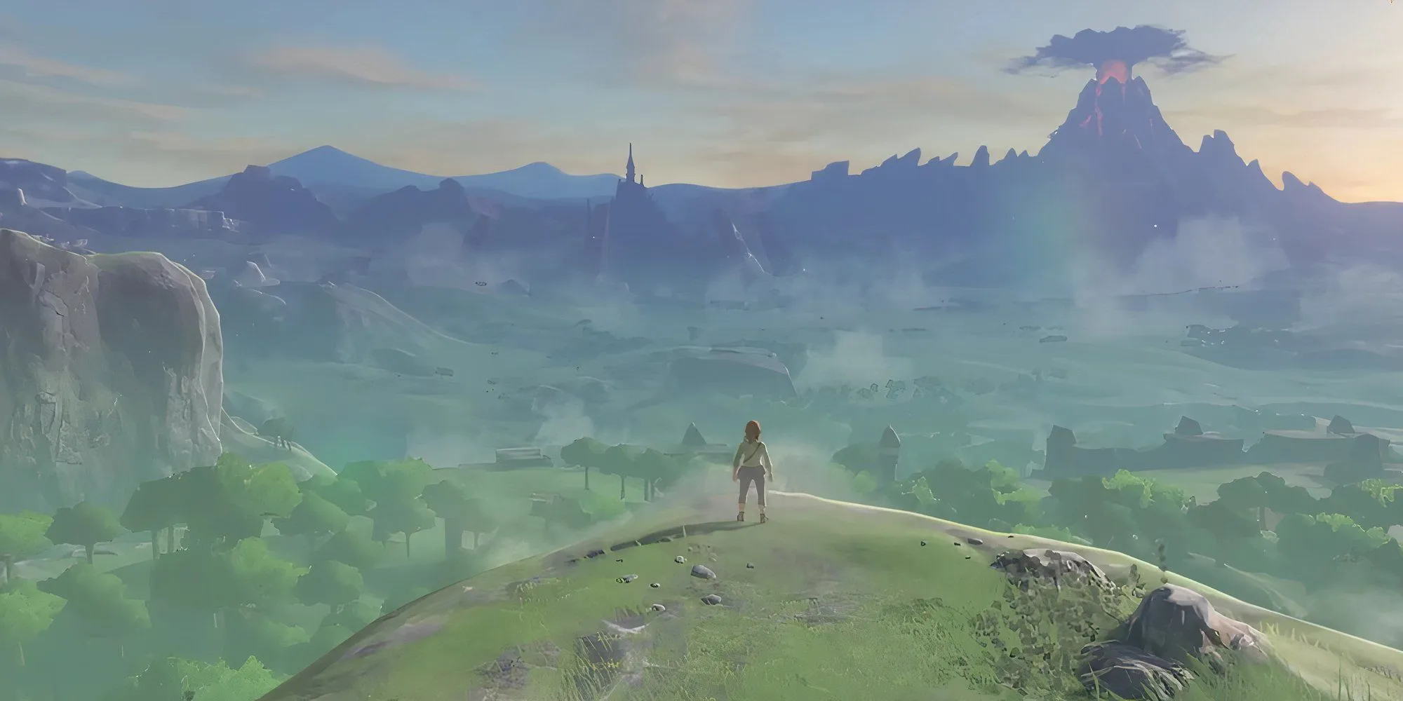 Link ngắm nhìn thế giới Hyrule rộng lớn từ trên cao trong The Legend of Zelda Breath of the Wild