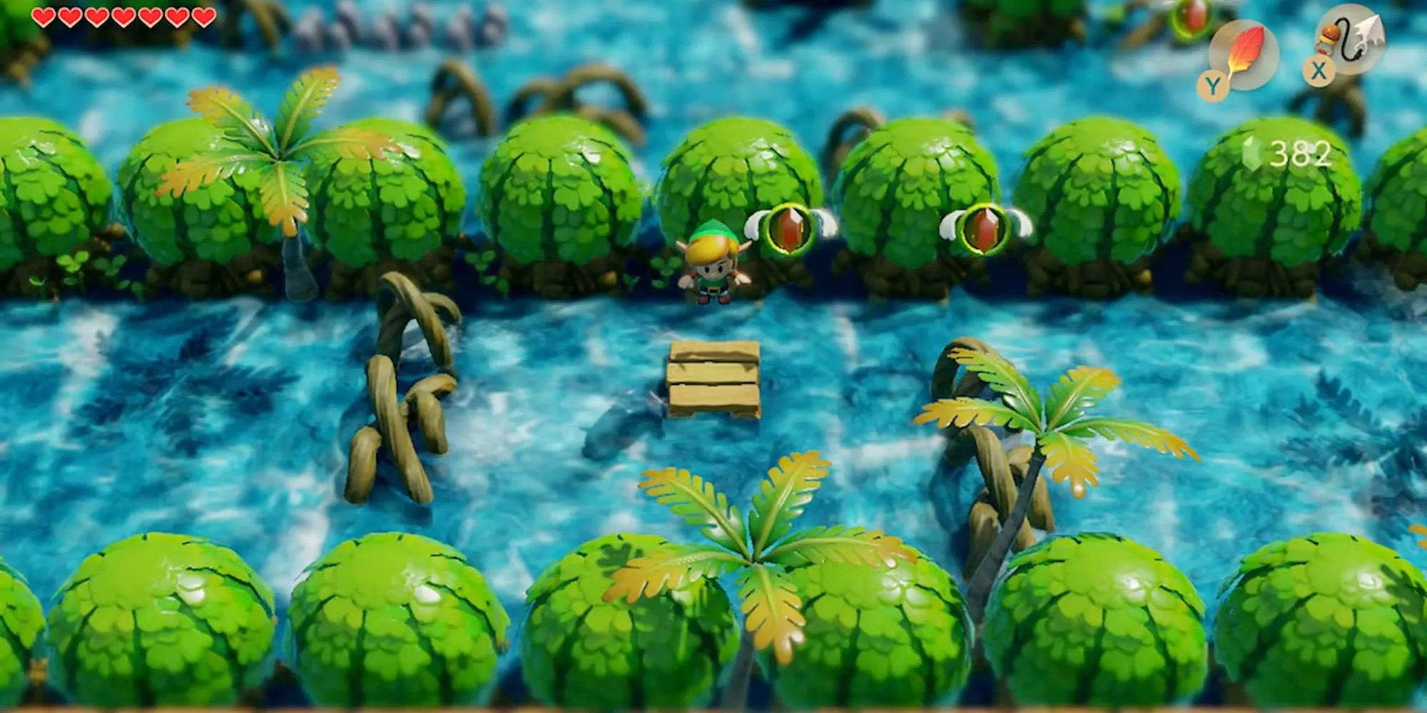Link nhảy qua các mô đất trên sông trong The Legend of Zelda: Link's Awakening