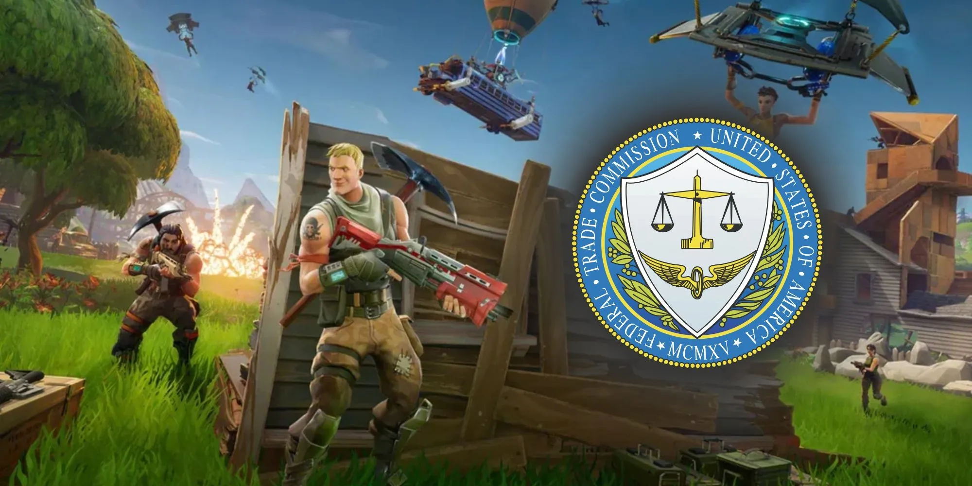 Logo Fortnite và FTC tượng trưng cho các vấn đề pháp lý Epic Games từng đối mặt liên quan đến người chơi