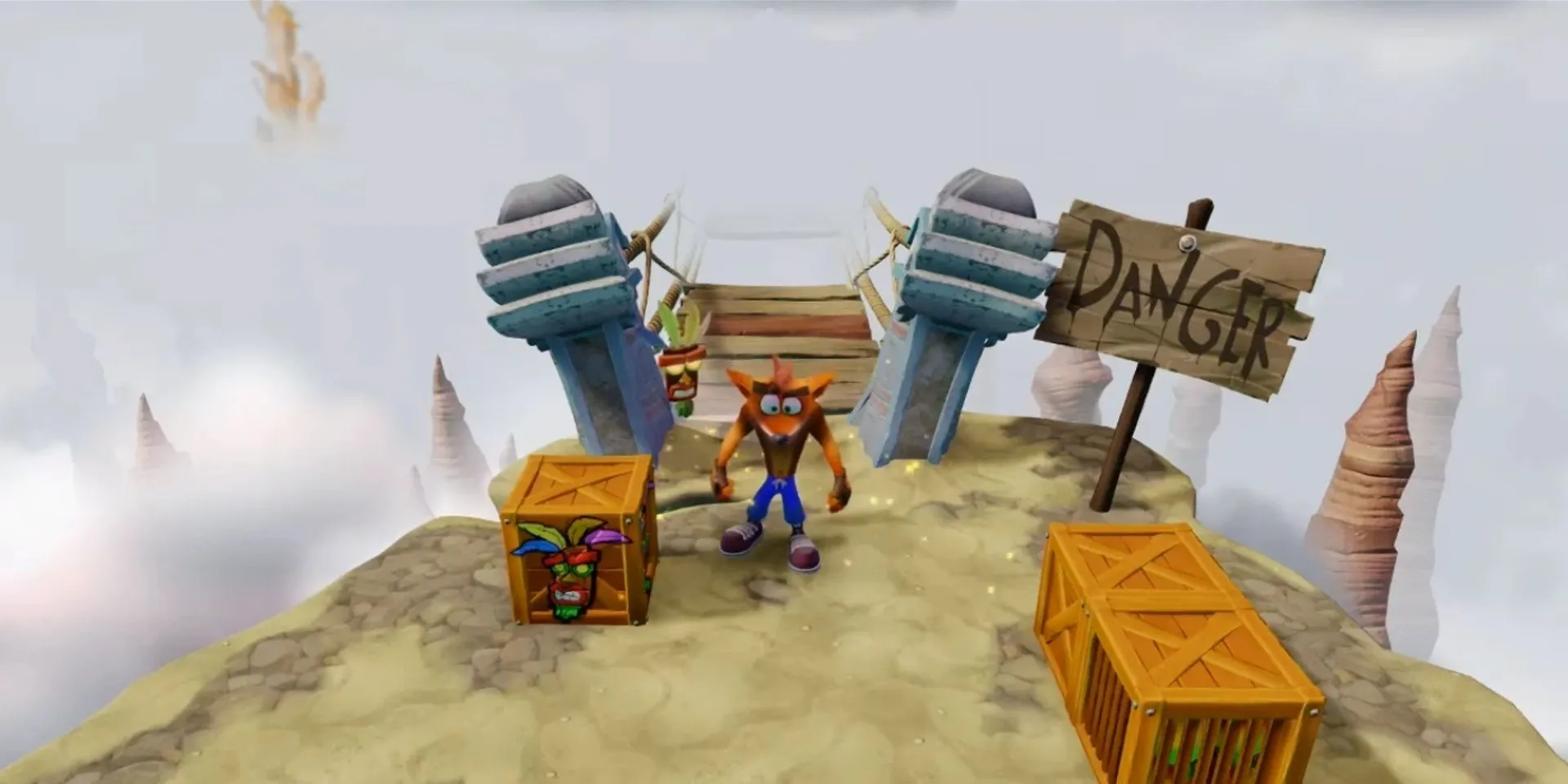 Màn chơi Road to Nowhere trong game Crash Bandicoot 1 bản N. Sane Trilogy với cây cầu gỗ mục nát