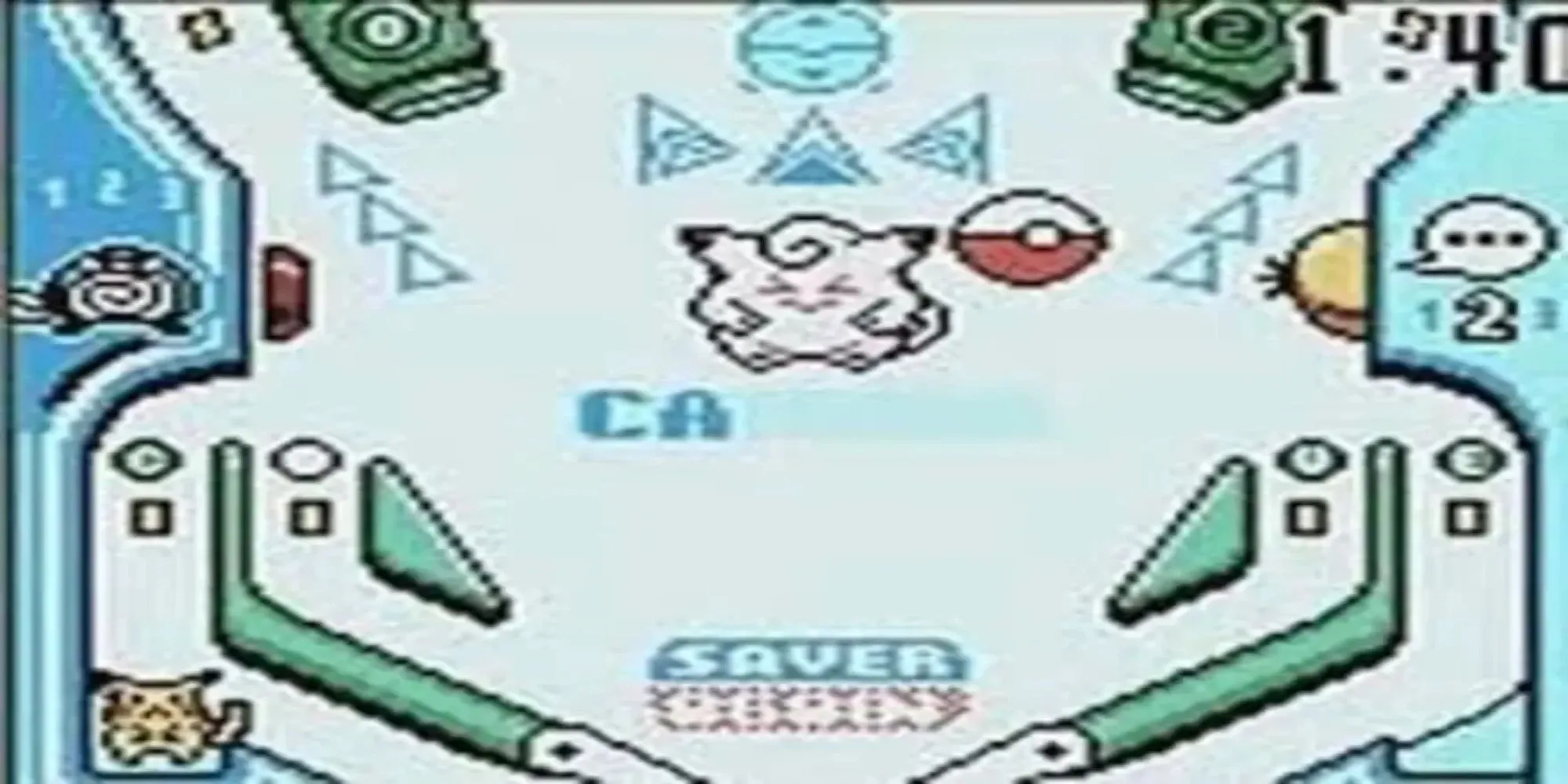 Màn hình game Pokemon Pinball trên Game Boy Color hiển thị bàn pinball chủ đề Pokemon