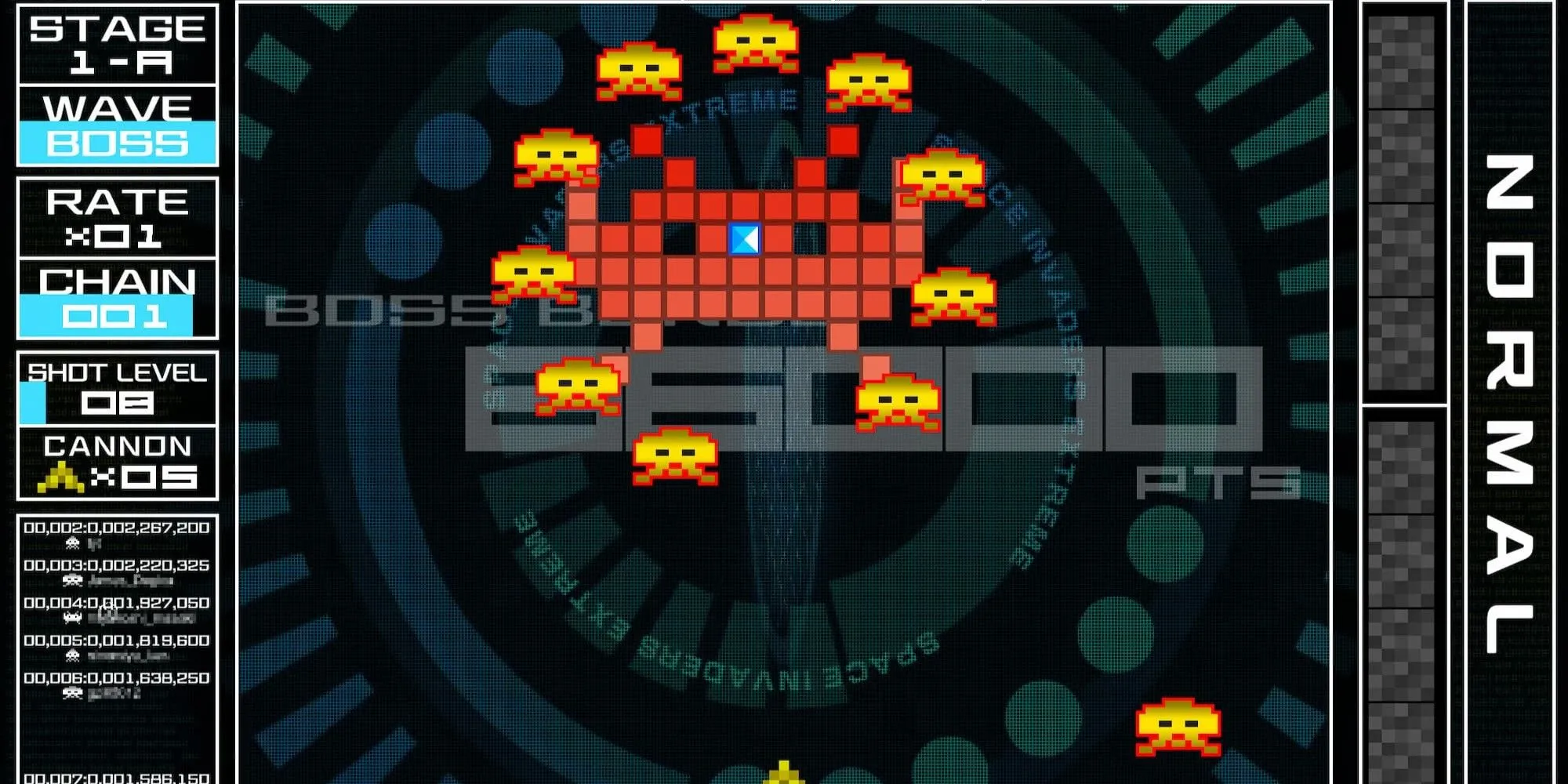 Màn hình gameplay rực rỡ của Space Invaders Extreme, phiên bản hiện đại của huyền thoại bắn ruồi.