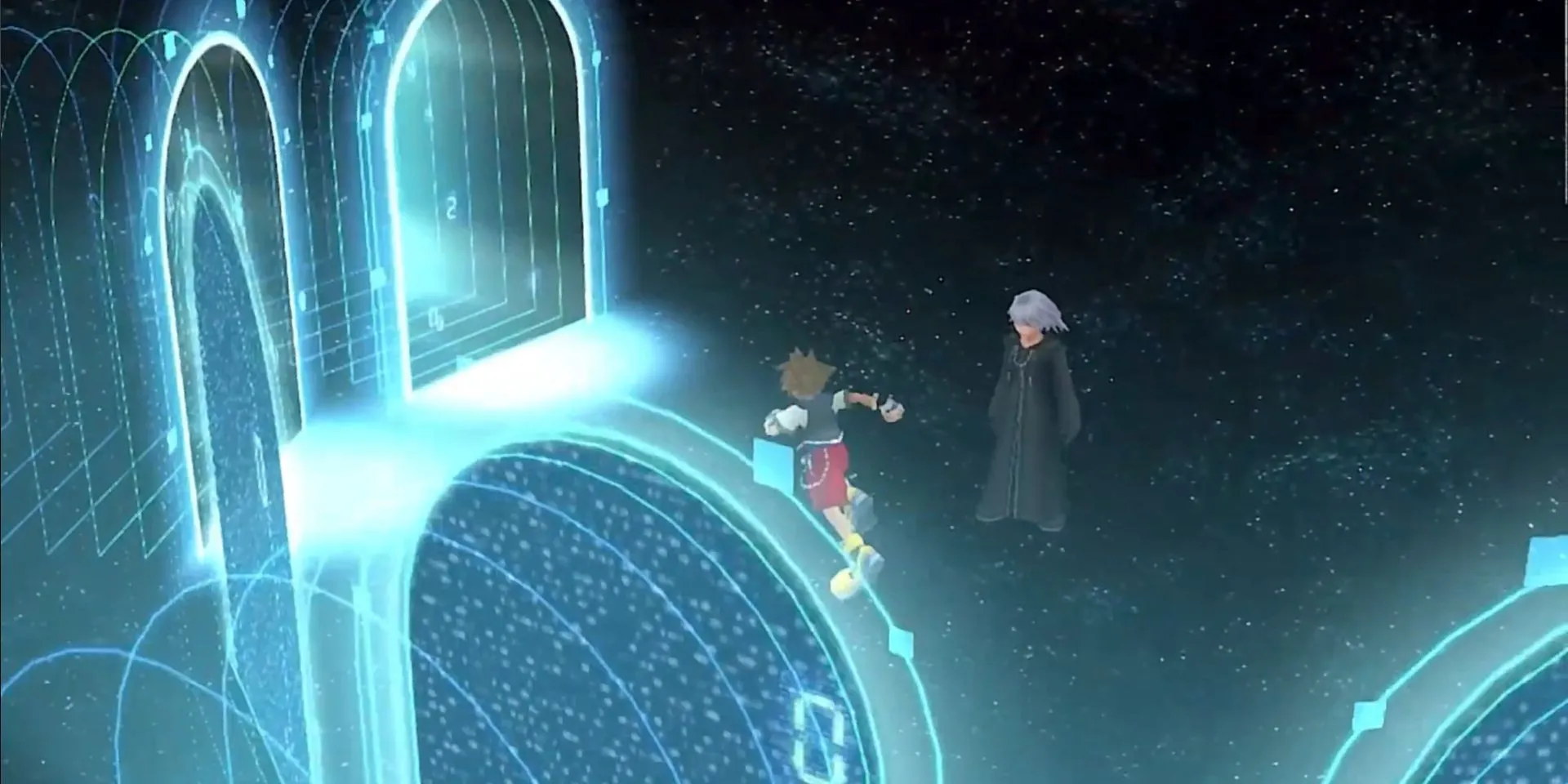 Màn hình thế giới Datascape trong Kingdom Hearts Re:Coded, môi trường kỹ thuật số lặp đi lặp lại.