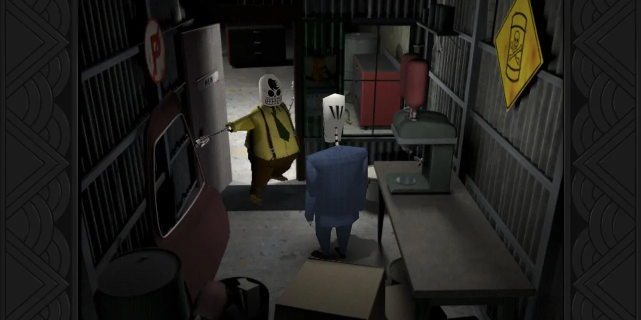 Manny Calavera trong một nhà kho ở Grim Fandango, ví dụ điển hình về game point-and-click sử dụng nền tĩnh