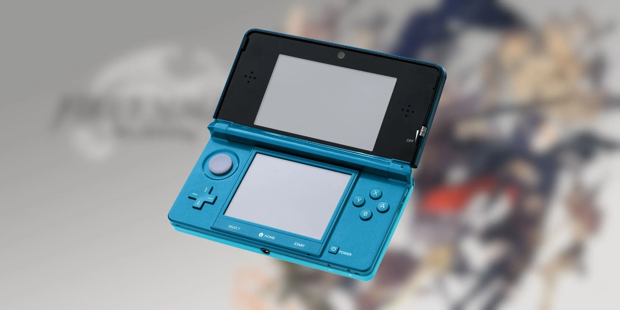 Máy chơi game cầm tay Nintendo 3DS màu xanh ngọc đang mở, hiển thị hai màn hình đặc trưng