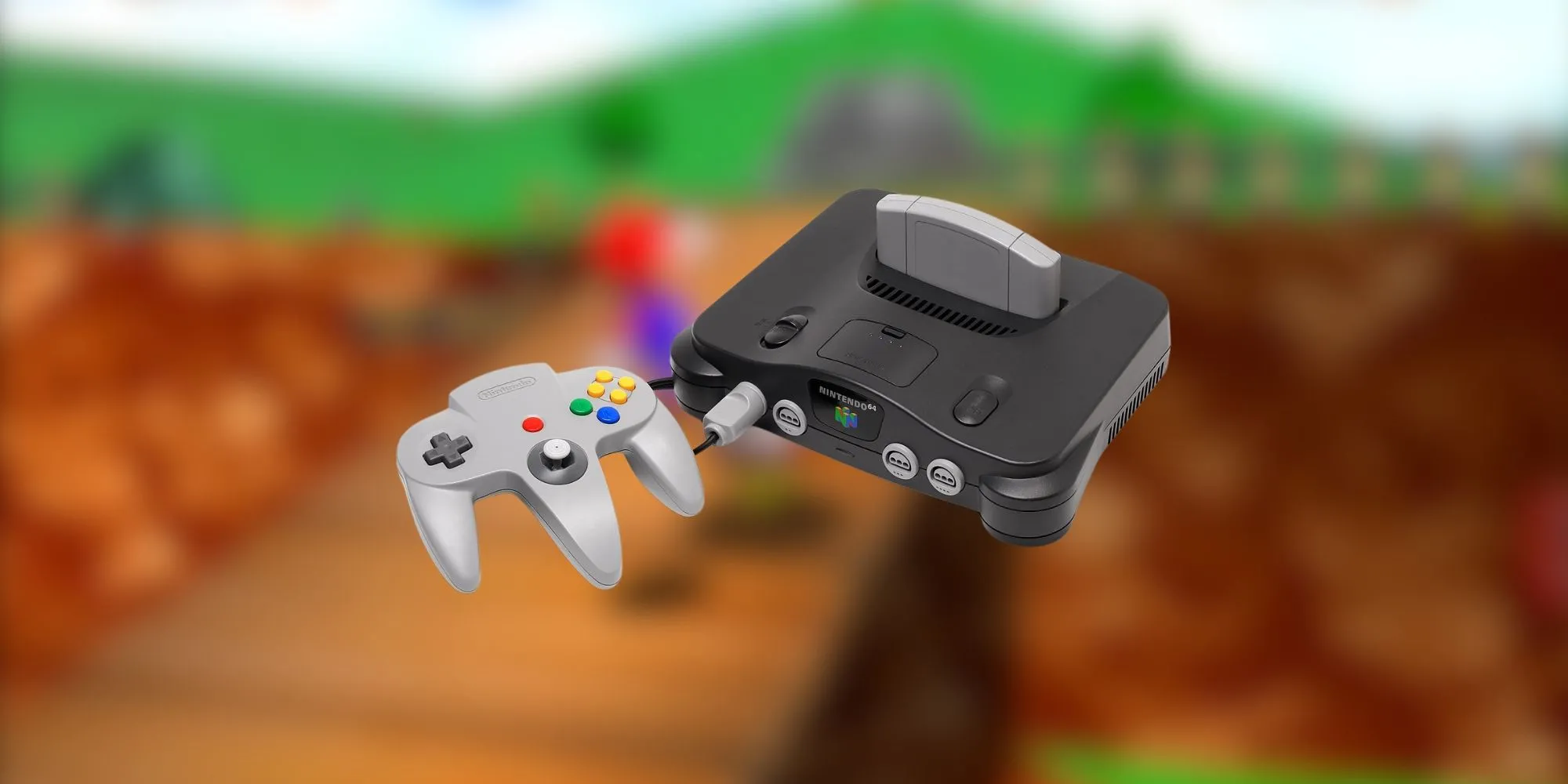 Máy chơi game Nintendo 64 màu xám đen cùng tay cầm ba chấu đặc trưng của hệ máy này