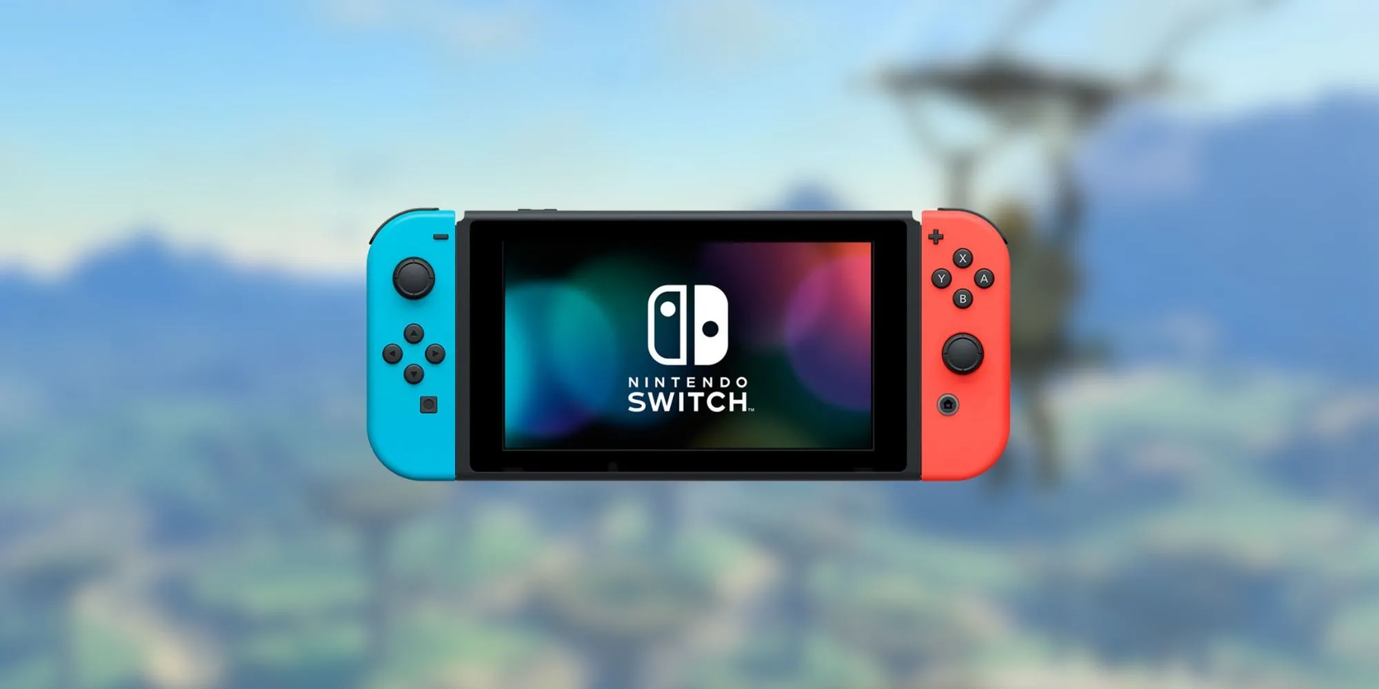 Máy chơi game Nintendo Switch đang ở chế độ cầm tay, màn hình hiển thị một tựa game phiêu lưu