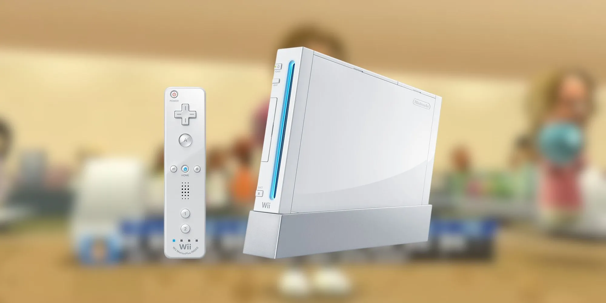 Máy chơi game Nintendo Wii màu trắng đặt dọc cùng với tay cầm Wiimote và phụ kiện Nunchuk