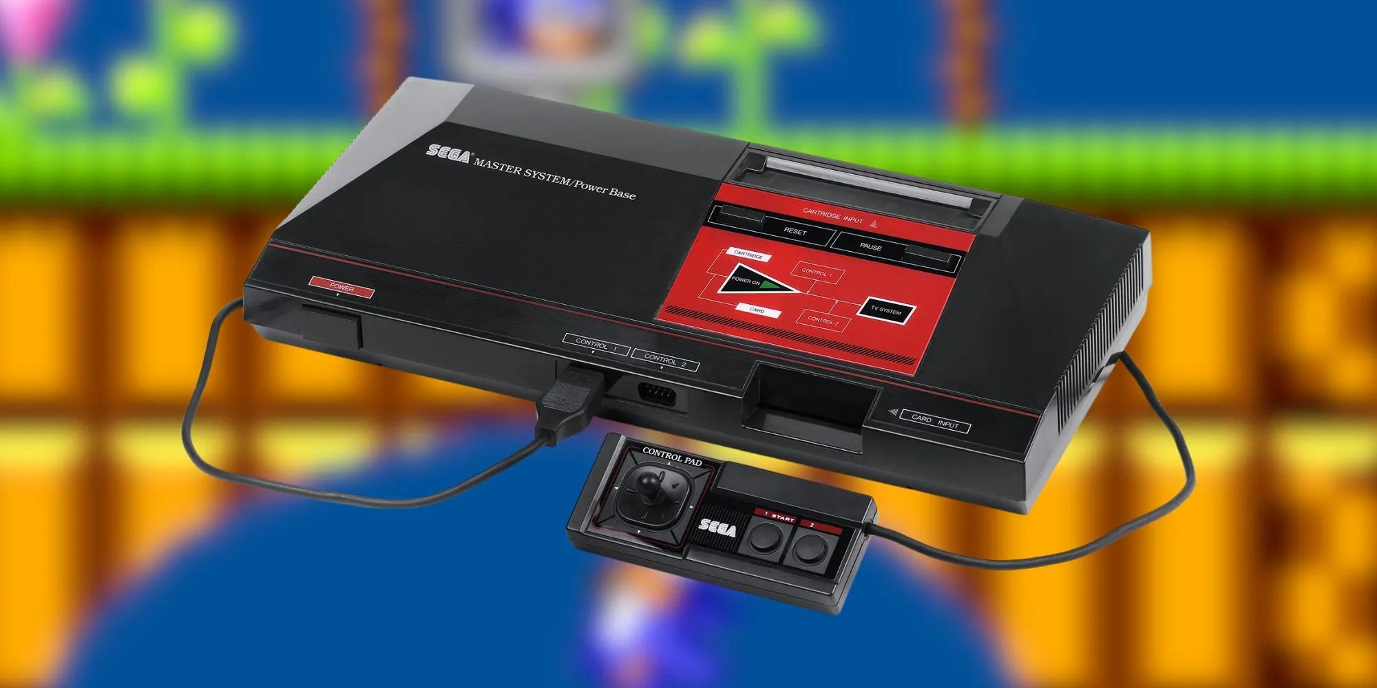 Máy chơi game Sega Master System màu đen với các chi tiết đỏ và tay cầm điều khiển vuông vức