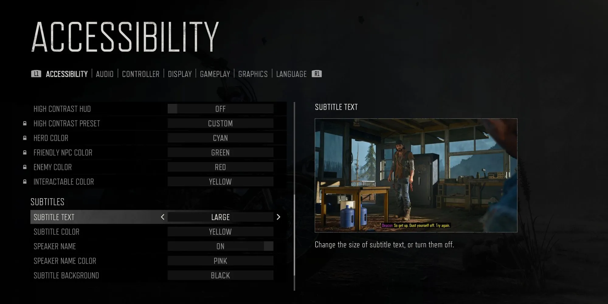 Menu tùy chọn hỗ trợ tiếp cận trong Days Gone Remastered với các cài đặt chi tiết