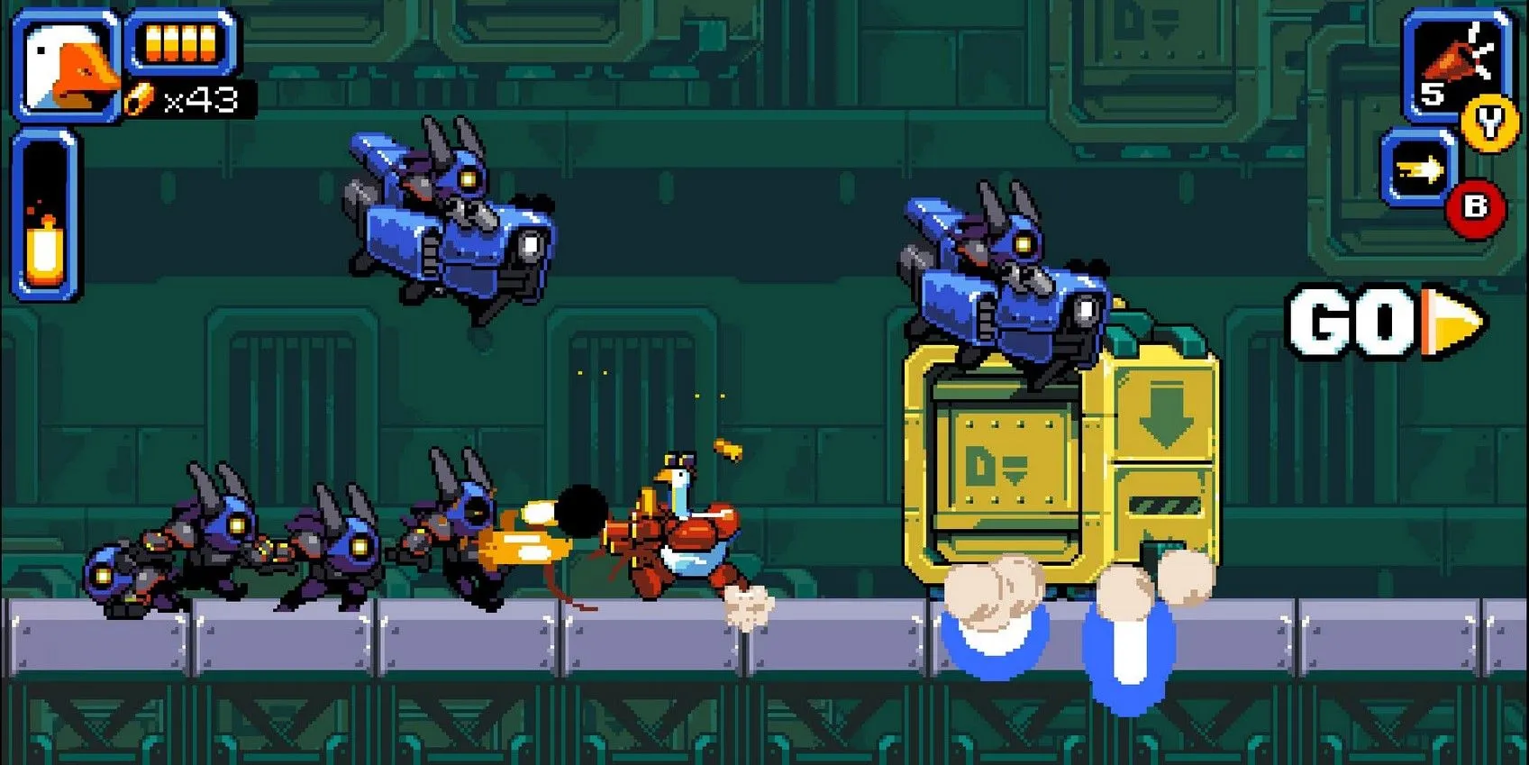 Mighty Goose chiến đấu với bầy địch đông đảo trong một khung cảnh hỗn loạn