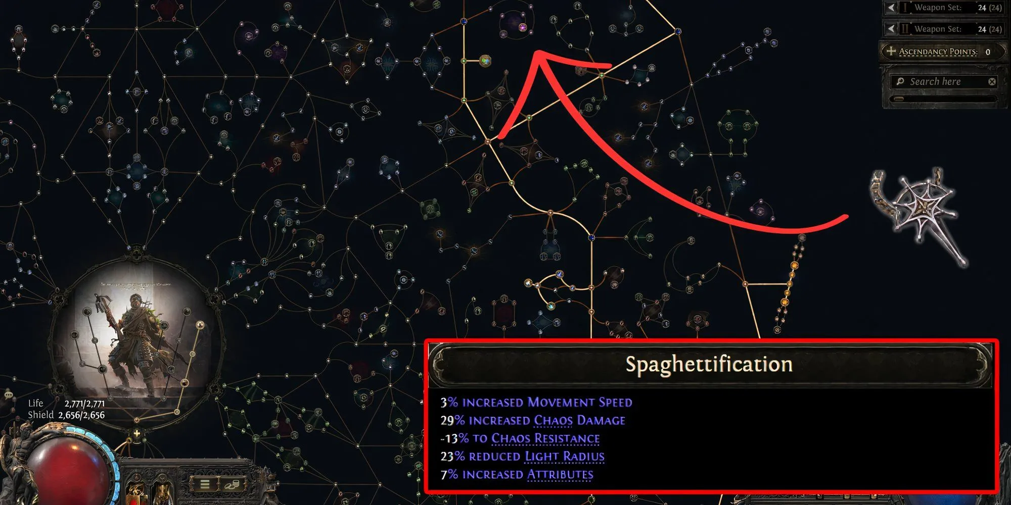 Minh họa cây điểm bị động cho build Mercenary cộng stat trong Path of Exile 2