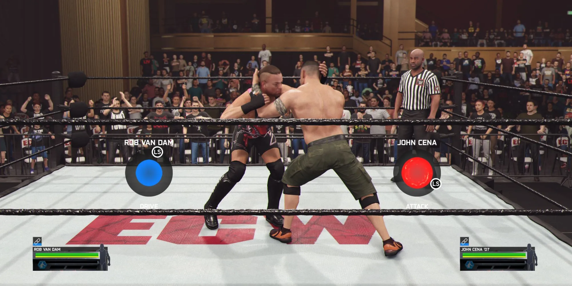 Minigame chain wrestling trong WWE 2K25 yêu cầu xoay joystick để tìm điểm phản hồi và hoàn thành đòn thế.