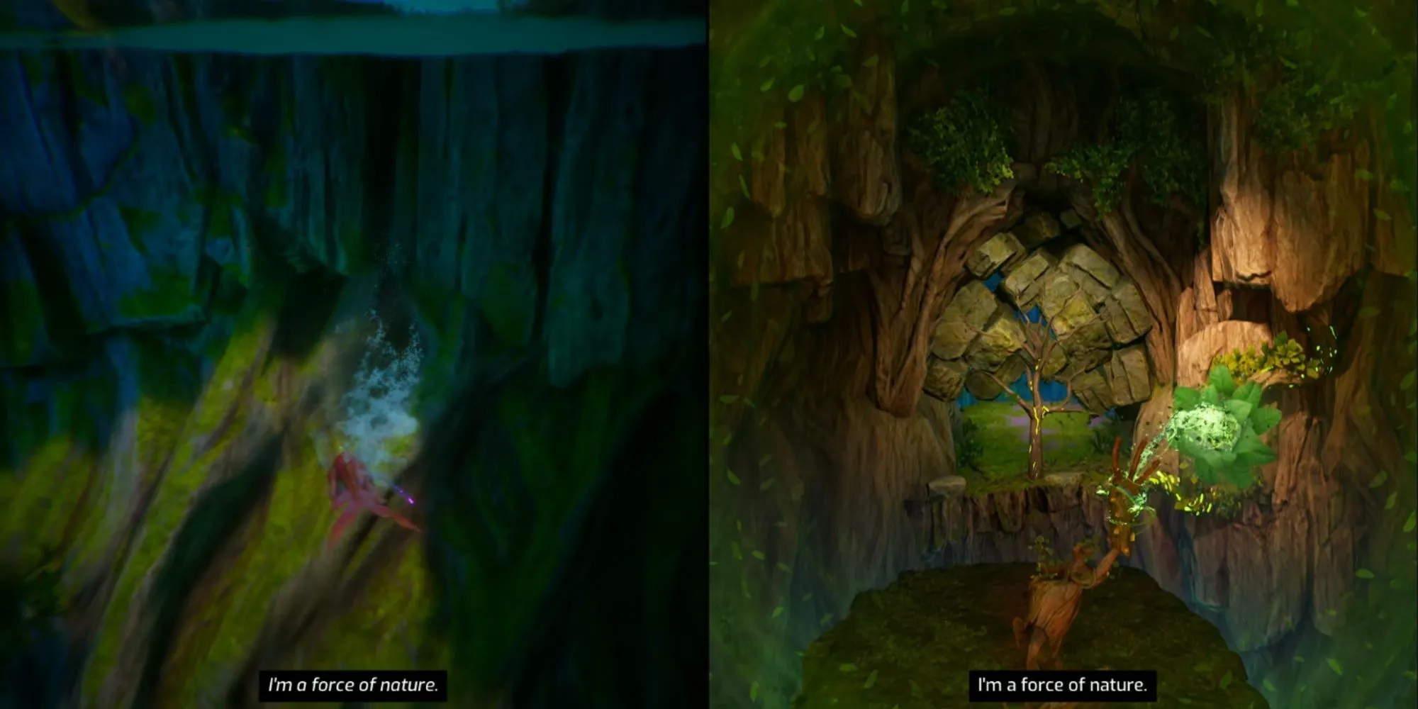 Mio Rái Cá bơi qua hồ và Zoe Mộc Tinh nâng tảng đá trong game Split Fiction Hopes Of Spring