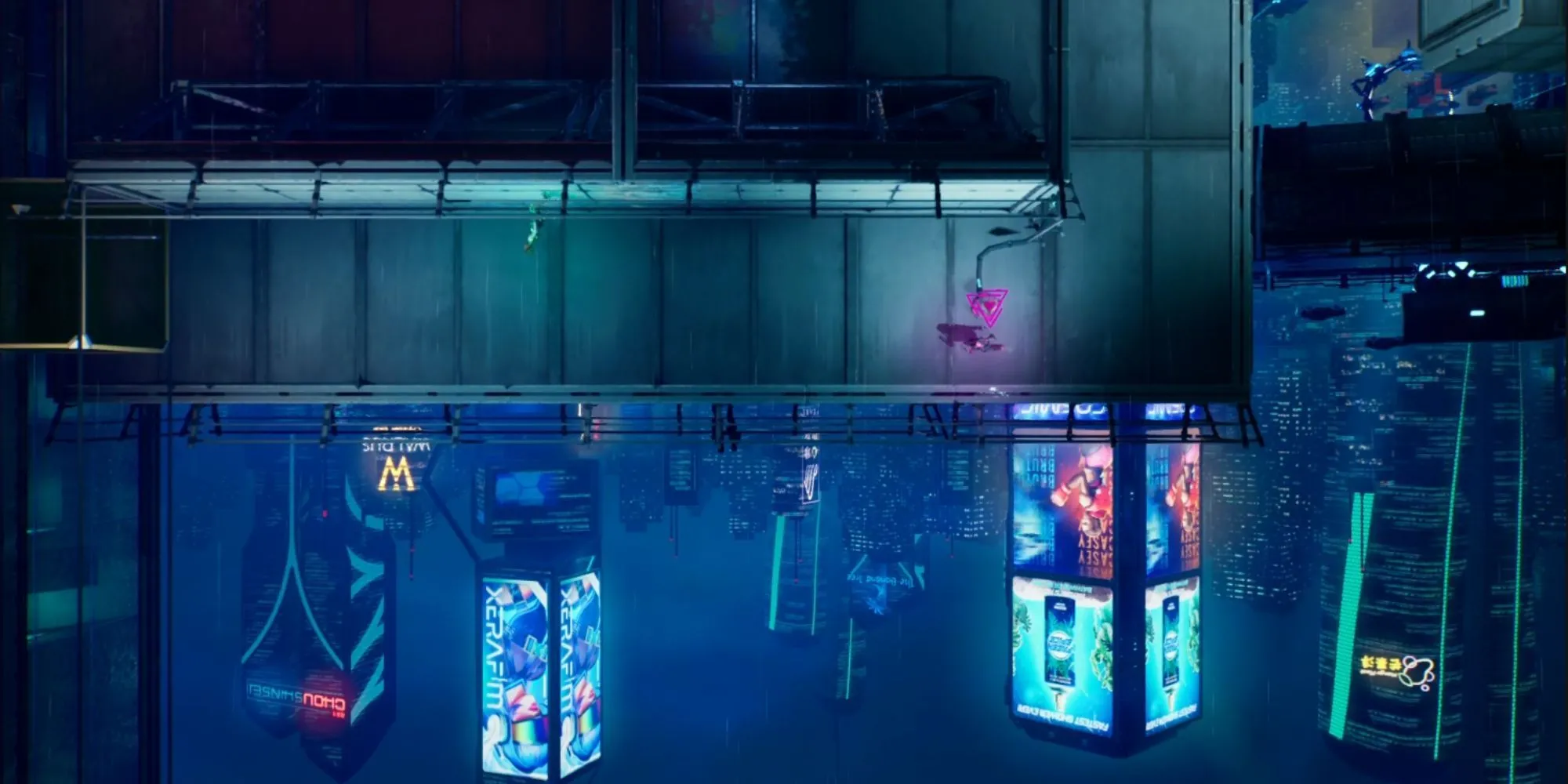 Mio và Zoe di chuyển trên các tòa nhà trong khu vực Flipped Cityscapes của Split Fiction Neon Revenge