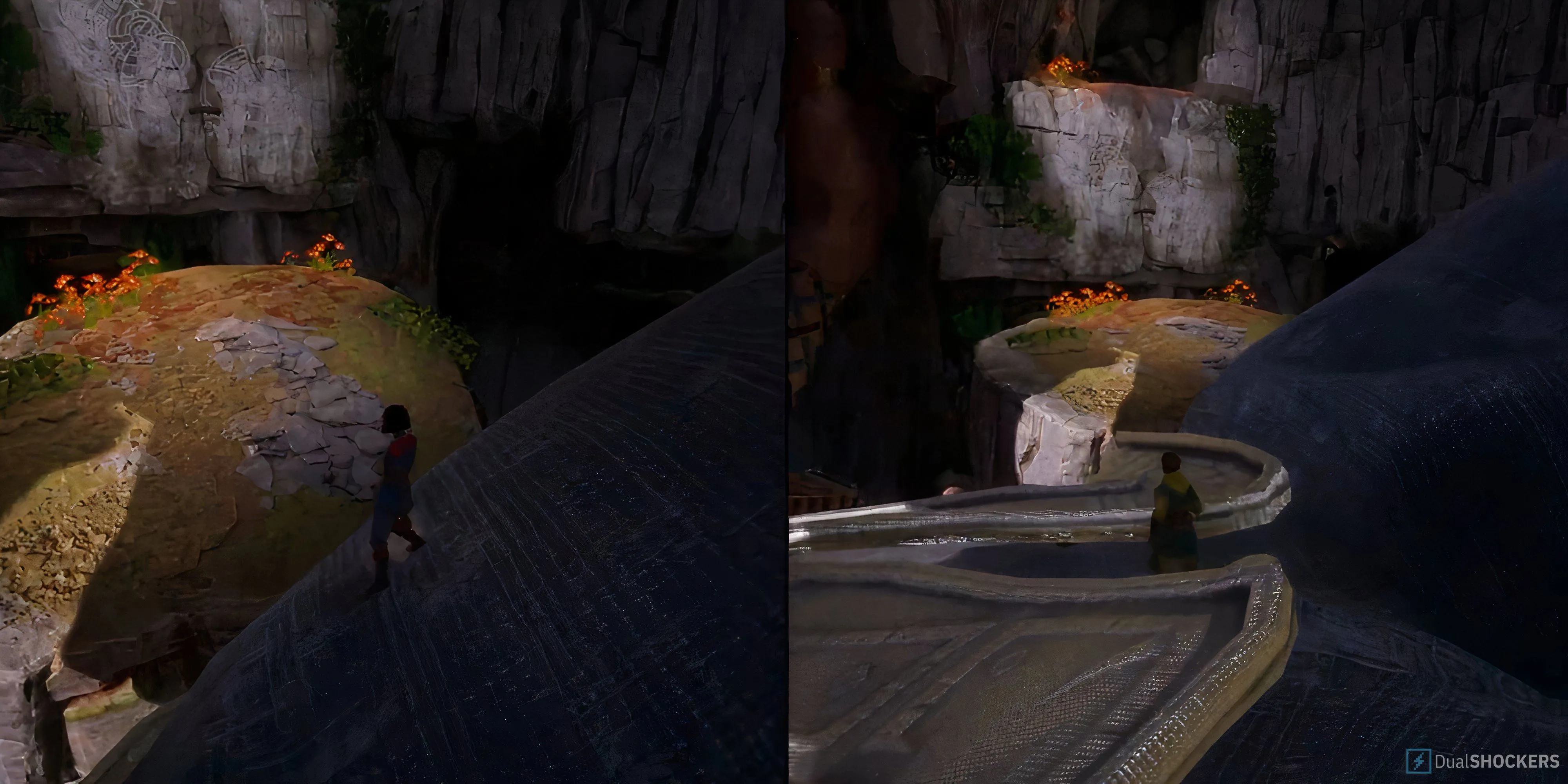 Mio và Zoe đi trên người khổng lồ trong nhiệm vụ Mountain Hike game Split Fiction