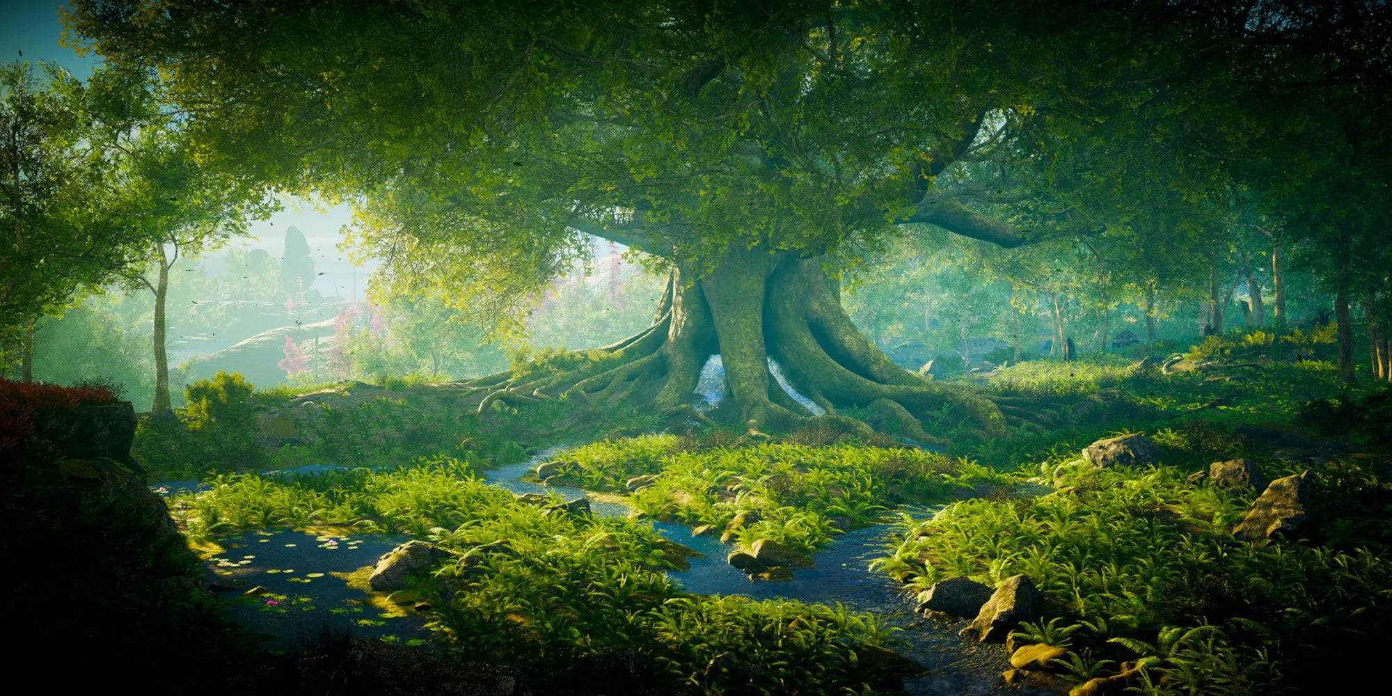 Một cái cây khổng lồ giữa đồng cỏ và suối nước trong game Eastshade