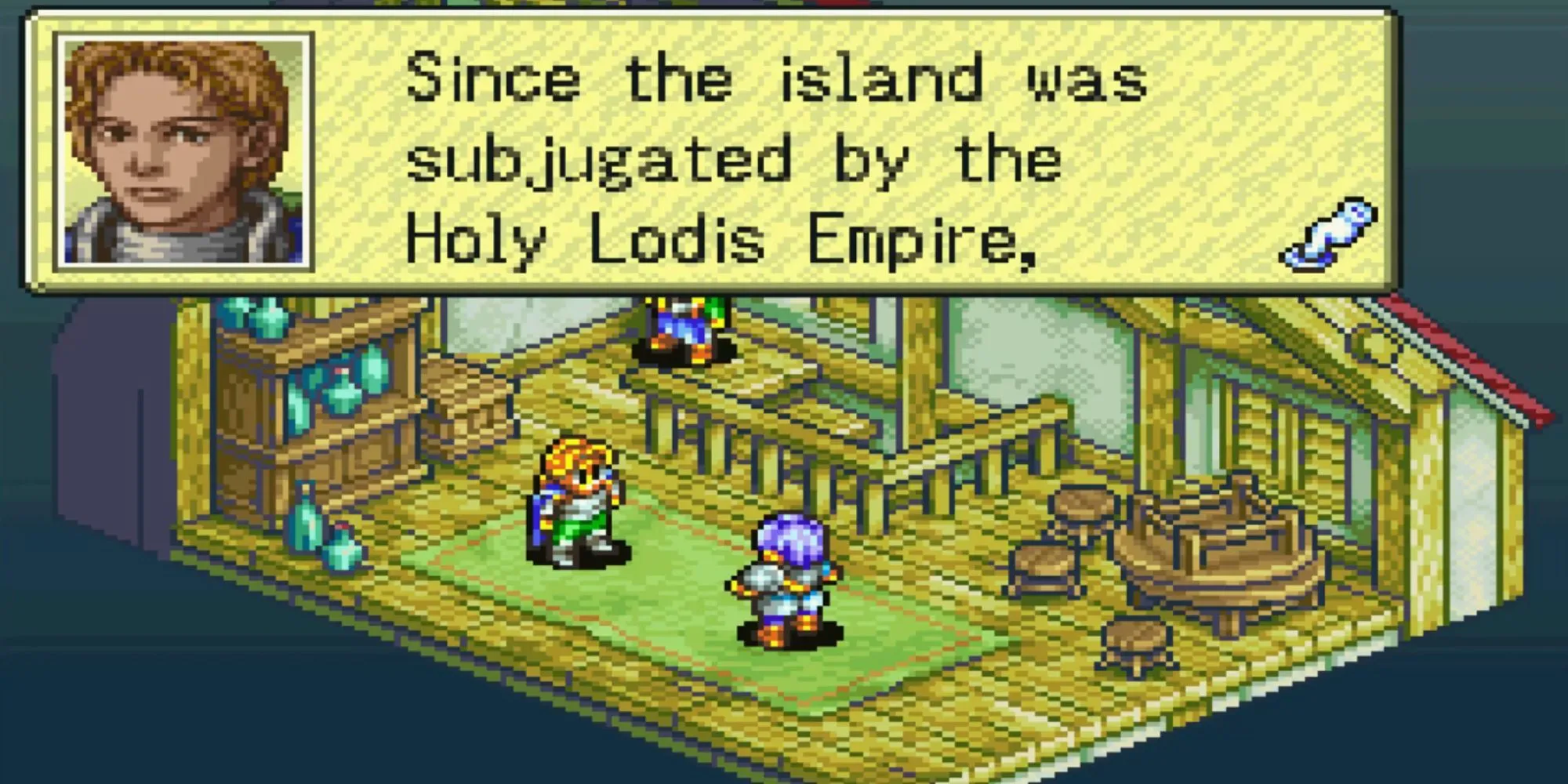 Một cảnh cắt truyện trong Tactics Ogre: The Knight of Lodis trên GBA, thể hiện phong cách đồ họa pixel và cốt truyện sâu sắc.