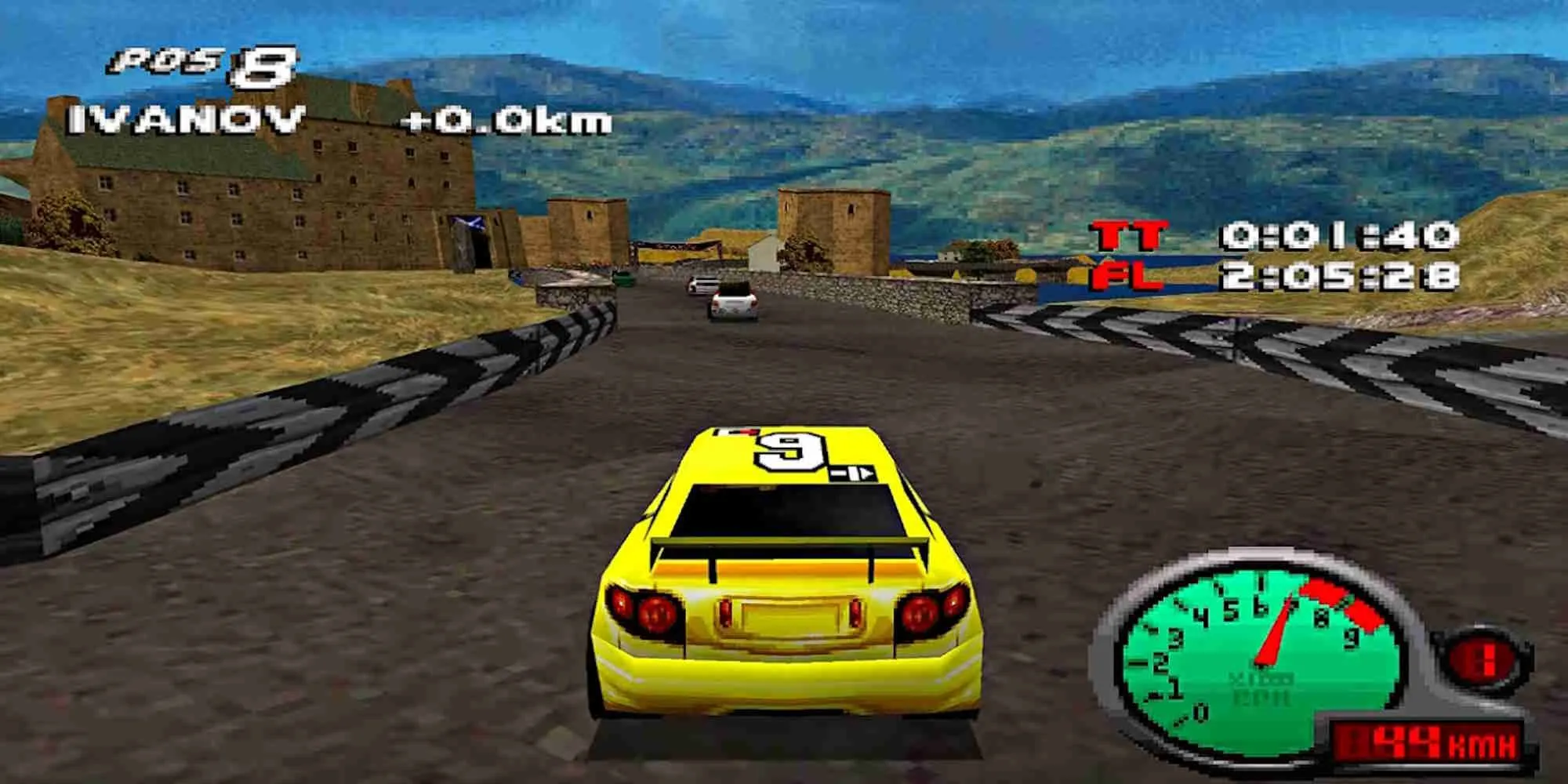Một cảnh đua trong game Total Drivin PS1 thể hiện sự đa dạng về xe và môi trường