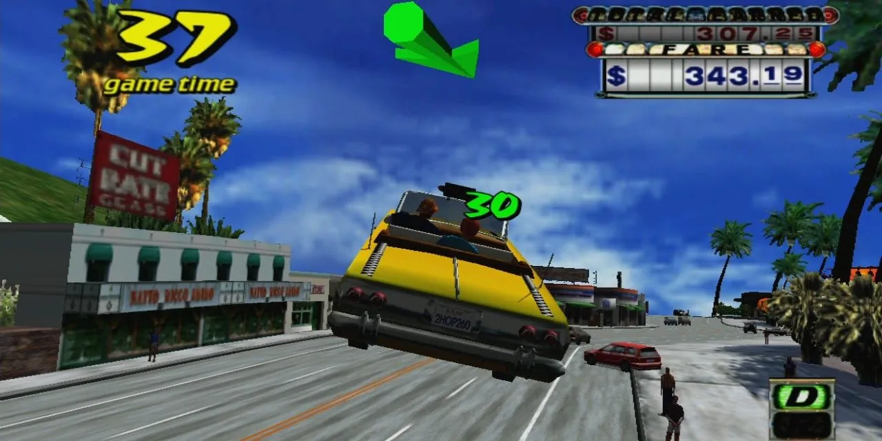Một chiếc taxi vàng thực hiện cú nhảy ngoạn mục từ dốc cao trong game Crazy Taxi