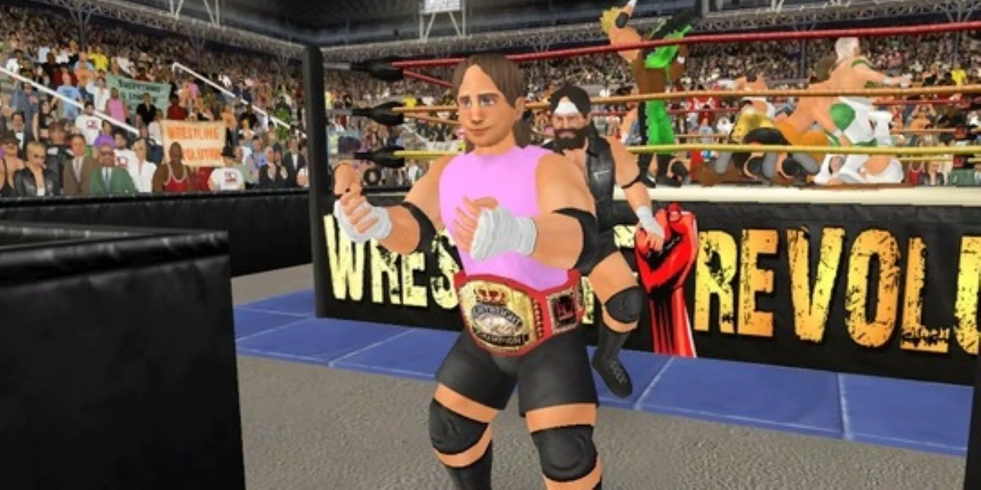 Một đô vật đứng trước sàn đấu cùng nhóm đô vật phía sau trong Wrestling Empire