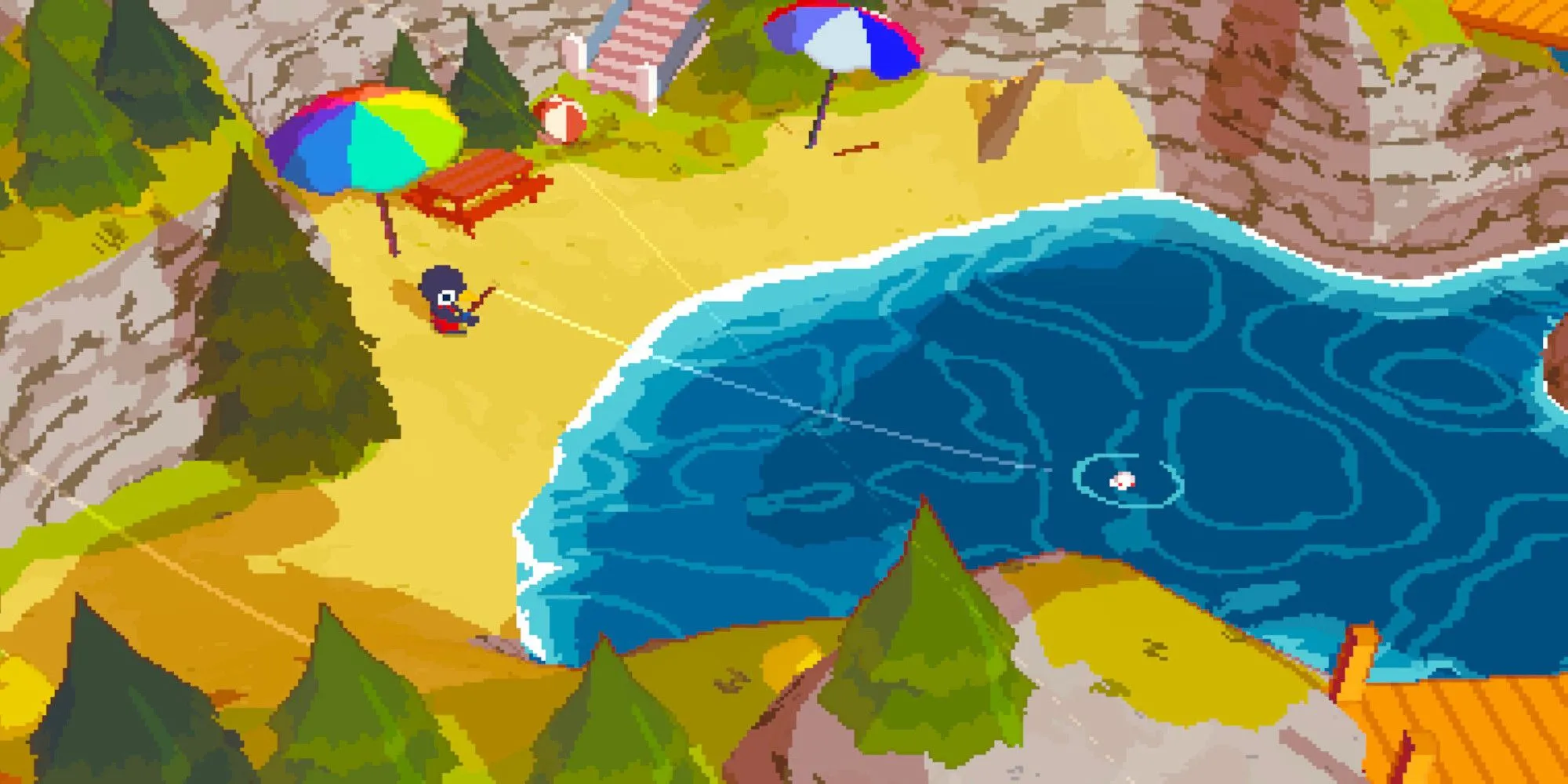 Một nhân vật đang câu cá trên bãi biển trong game A Short Hike