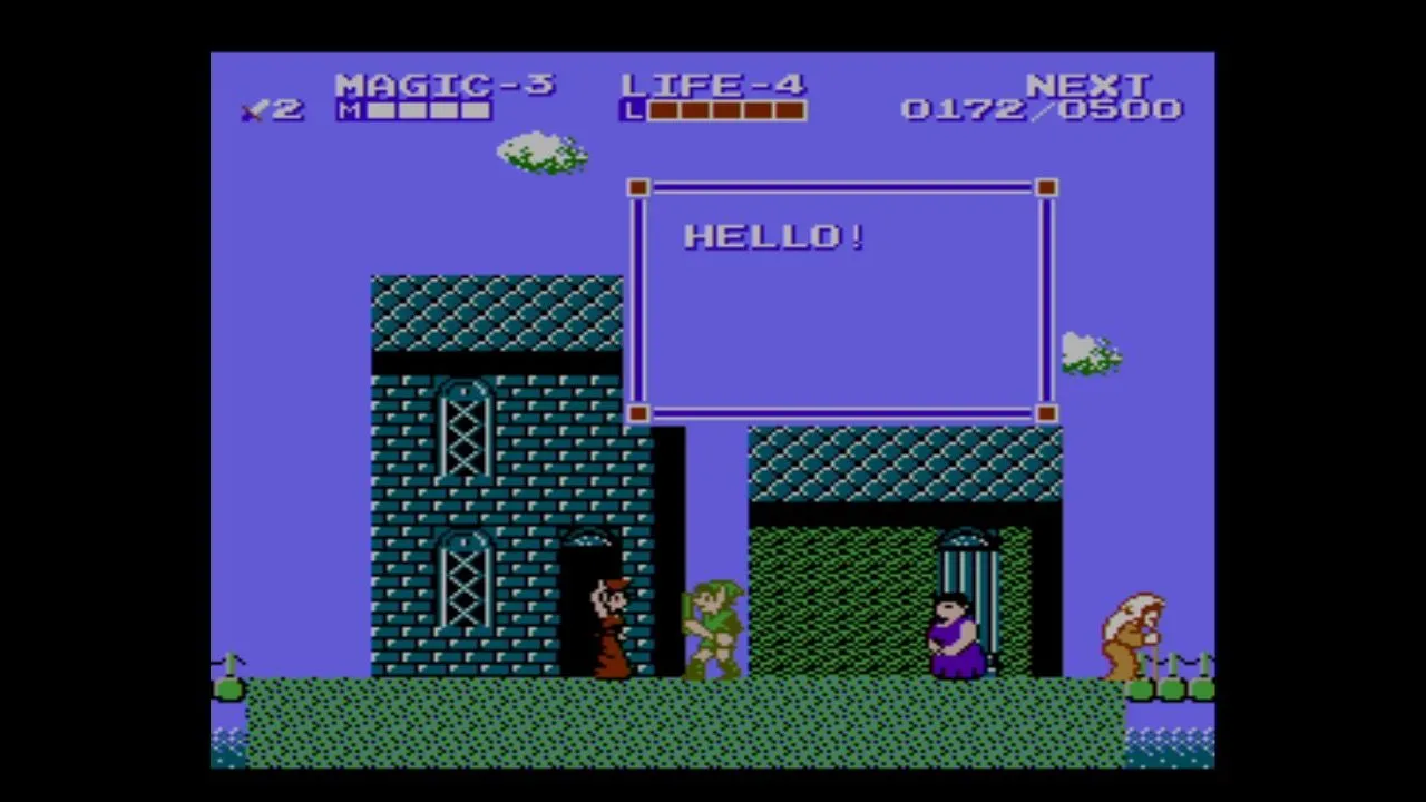 Một thị trấn trong game Zelda II The Adventure of Link với góc nhìn từ trên xuống