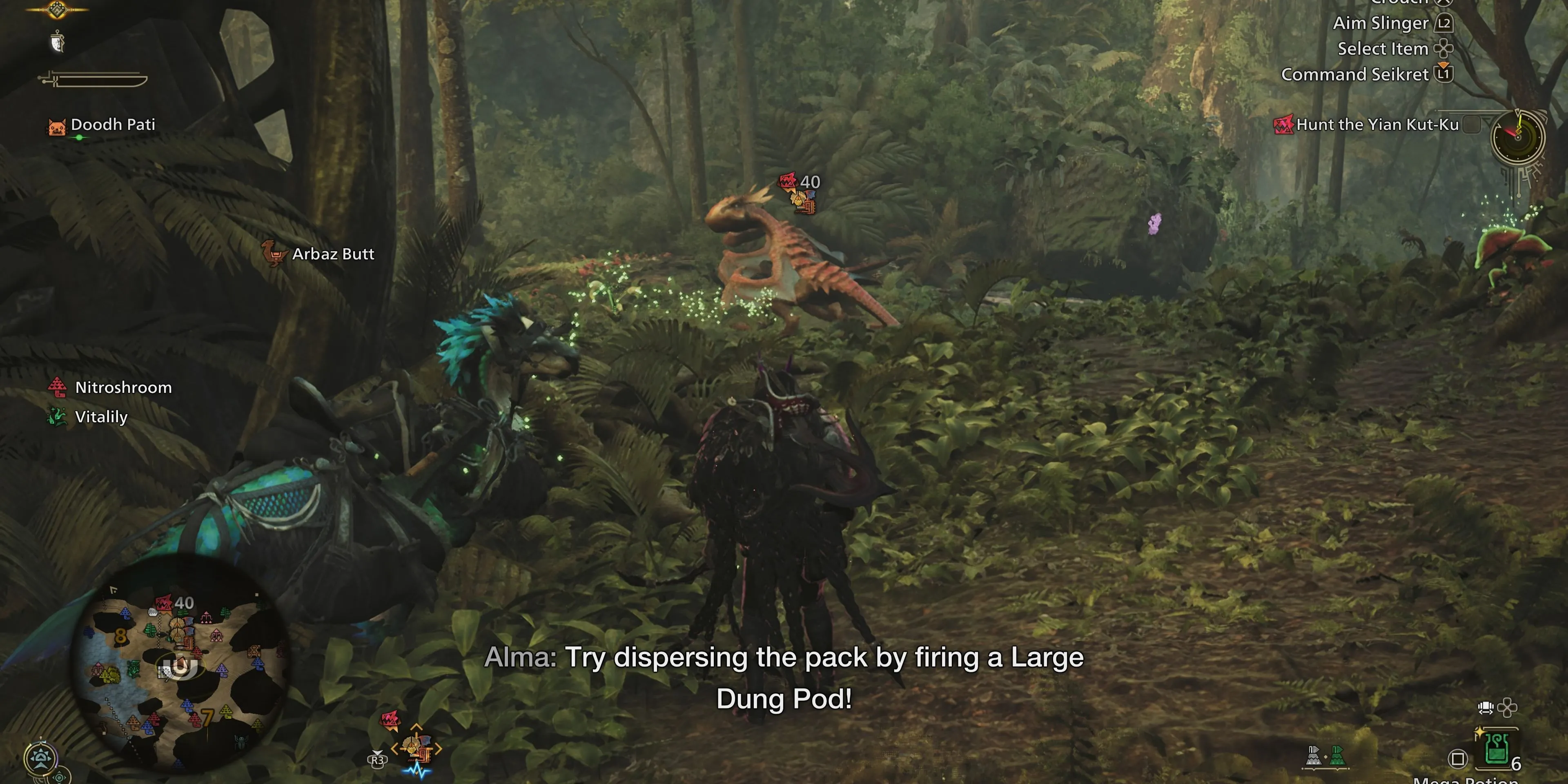 Một thợ săn trong Monster Hunter Wilds chuẩn bị sử dụng Large Dung Pod để kiểm soát đám đông quái vật
