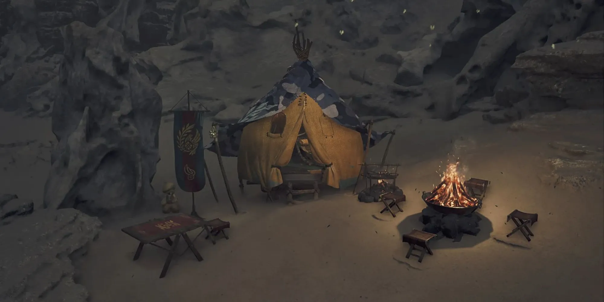 Một Trại Dã Chiến được dựng lên trong thế giới Monster Hunter Wilds, sẵn sàng cho thợ săn sử dụng.