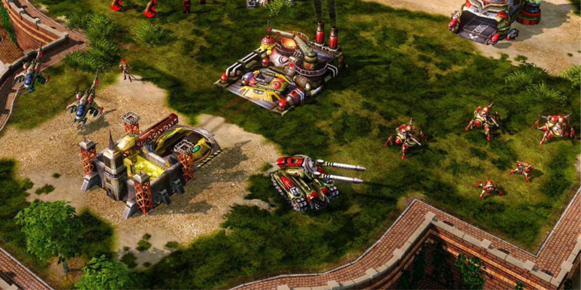 Một trận chiến quy mô lớn trong Command &amp; Conquer Red Alert 3 với các đơn vị đặc trưng của phe Đồng Minh, Xô Viết và Đế quốc Mặt trời mọc